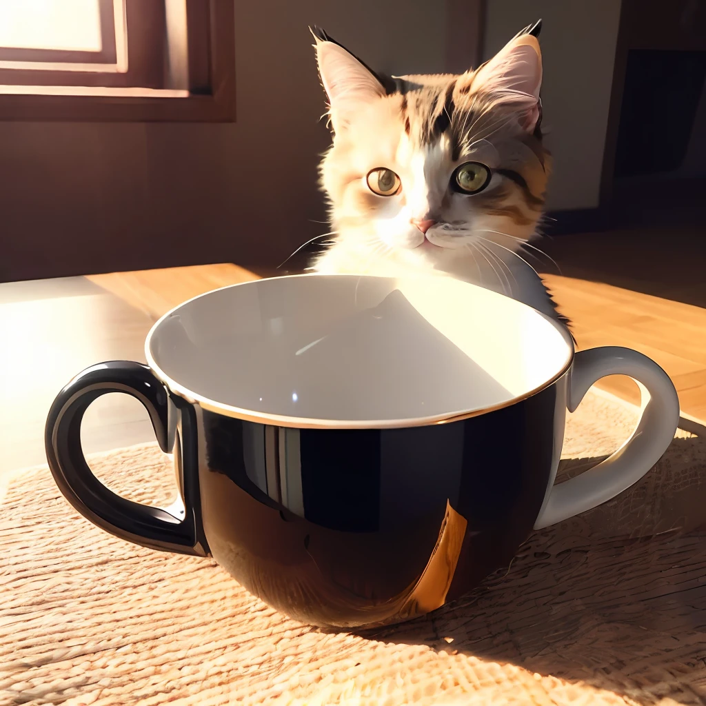 Cat, (Himalayan), (Small)))), in a teacup, Face, Front paws out, 8K, Professional photo, Delicate, Clear, On the table, Inside the house, Sunshine, Light Leak, Masterpiece, ((Pretty))), Fashionable Teacup, (Reality), Plush Toy, Round Pupils