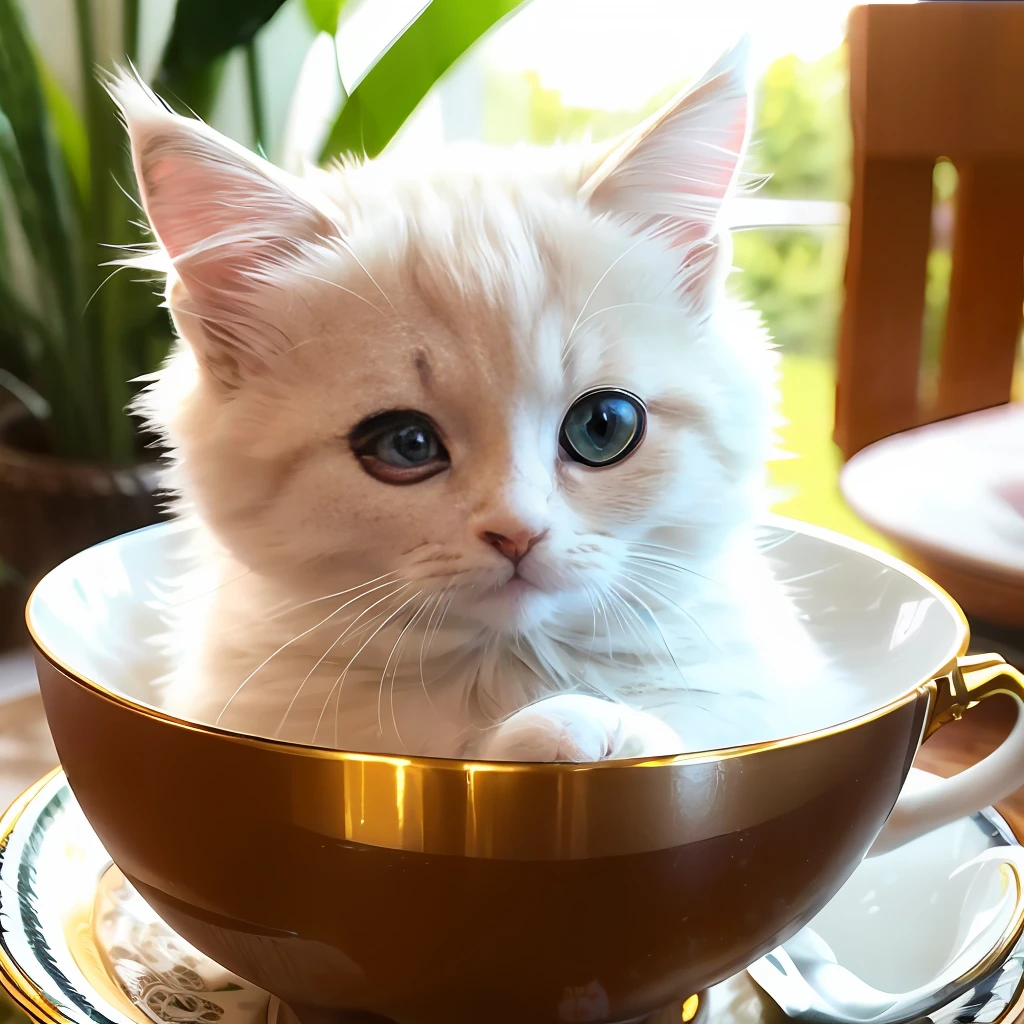 Cat, (Himalayan), (Small)))), in a teacup, Face, Front paws out, 8K, Professional photo, Delicate, Clear, On the table, Inside the house, Sunshine, Light Leak, Masterpiece, ((Pretty))), Fashionable Teacup, (Reality), Plush Toy, Round Pupils