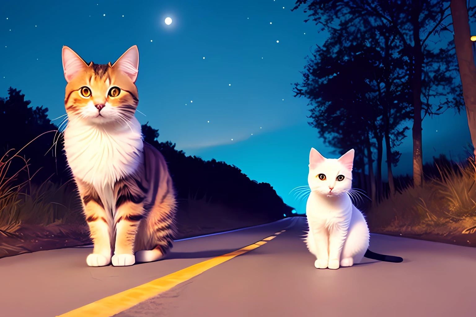 A cat, cute, fluffy, at night, country road