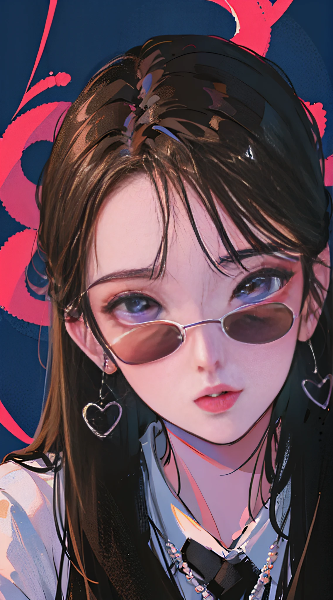 (Portraits:1.4), (masterpiece:1.2, best quality:1.2), from above, upper body, 1girl, Look up, face focus, extremely detailed face, extremely detailed eyes, good-looking, make up, finger on lips, sunglasses, fashion wear, earrings,