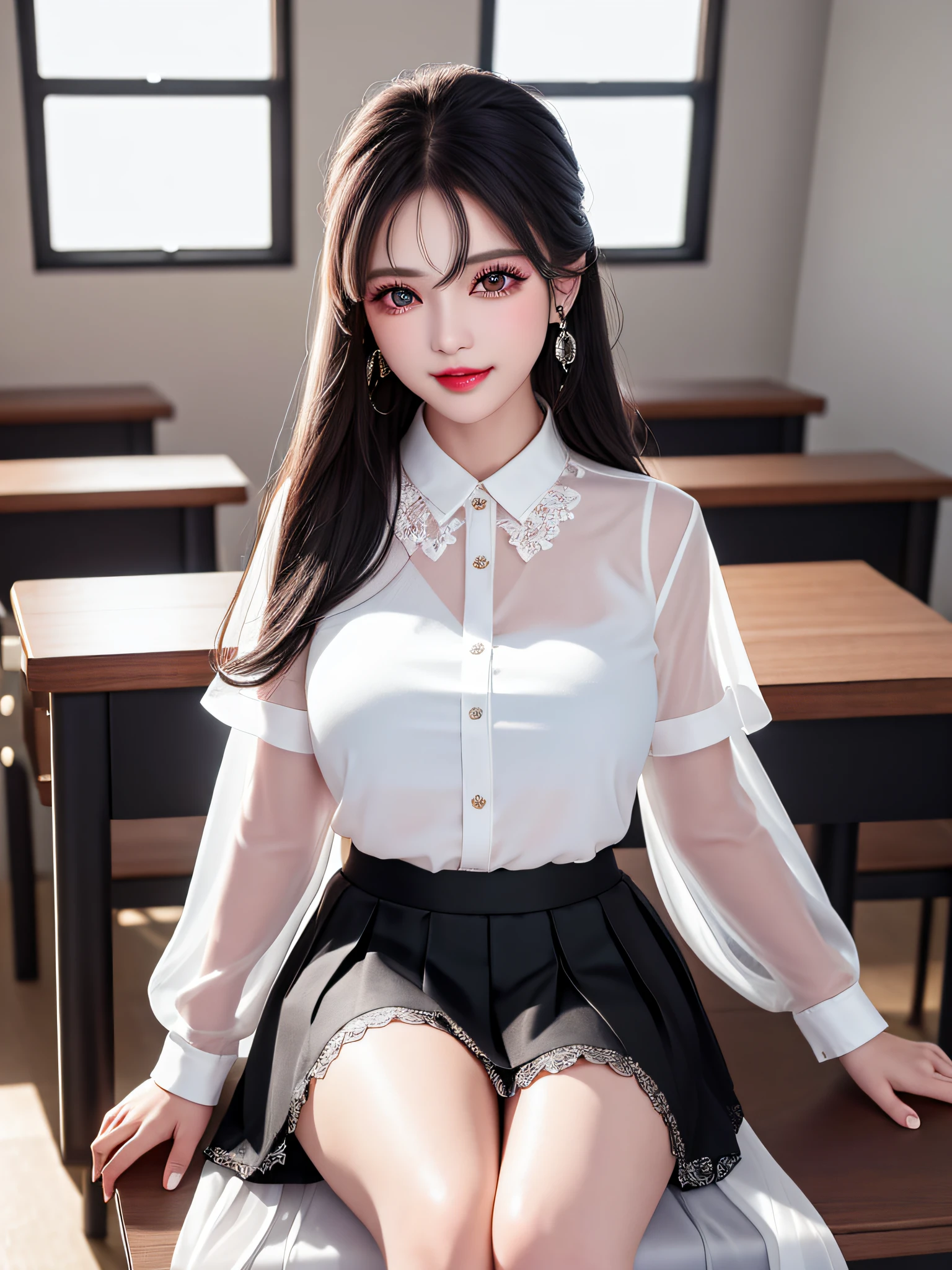 Female teacher crossing legs on classroom chair v6, earrings, full body v6, long gray hair, looking, superb, ultra high definition, RAW photo, realism 1.25), (bright lip gloss, long eyelashes, smooth) face, bright skin, natural shadows, wide light, wide light, depth of field, strong colors, subtle caustics: 0.8), smile, (big), v6, ((white sheer blouse, Black mini flared skirt)), black lace