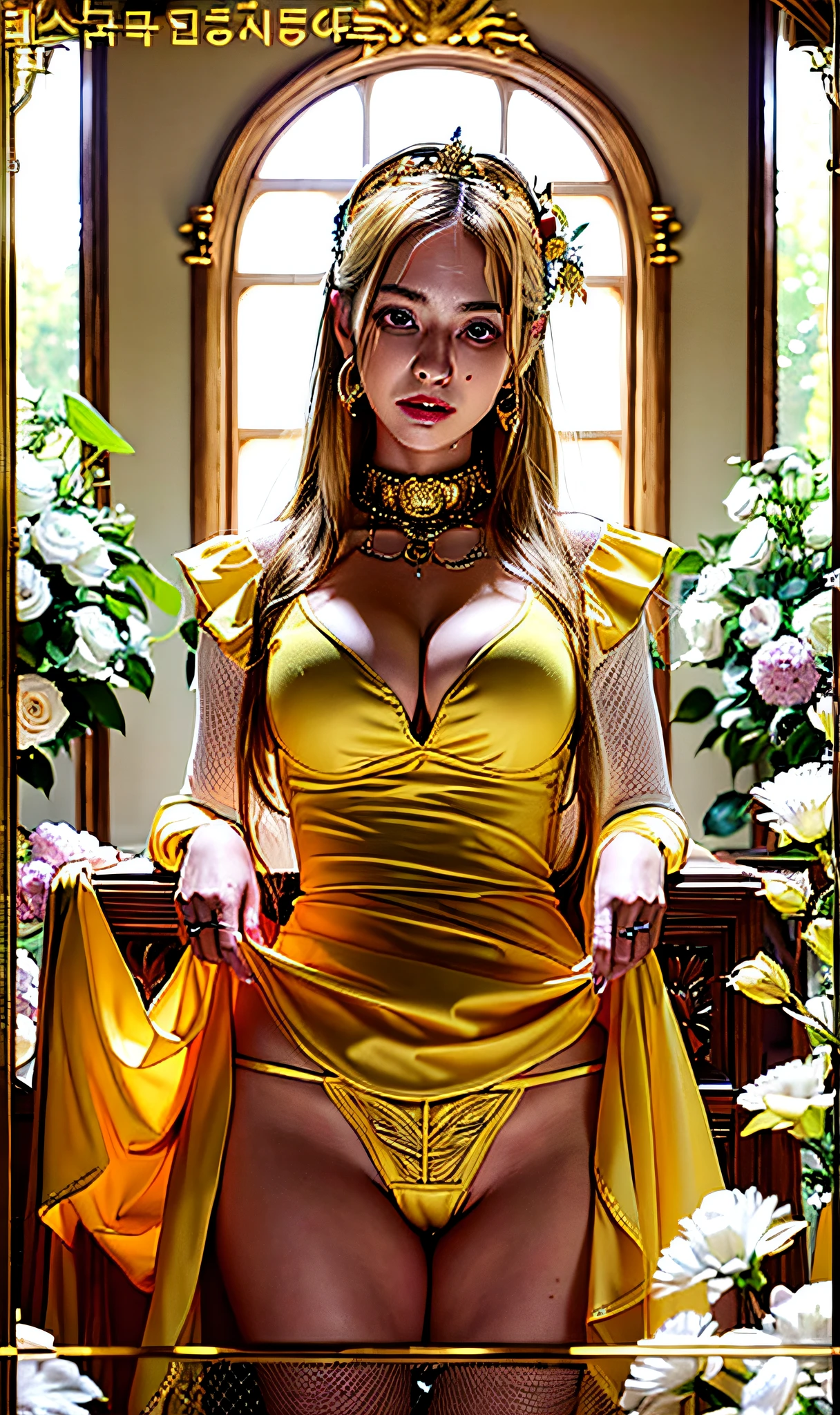 Long blonde hair, noble clothes, princess robes, beautiful woman, laughing, burnt yellow dress, tight white blouse, no panties, golden belt, lilac blouse, large breasts, curvy woman, thin waist, thick legs, female boots of burnt yellow color, golden necklace, light blue colored eyes, burnt yellow skirt, forest with animals, fantastic creatures around, fantasy scenery.