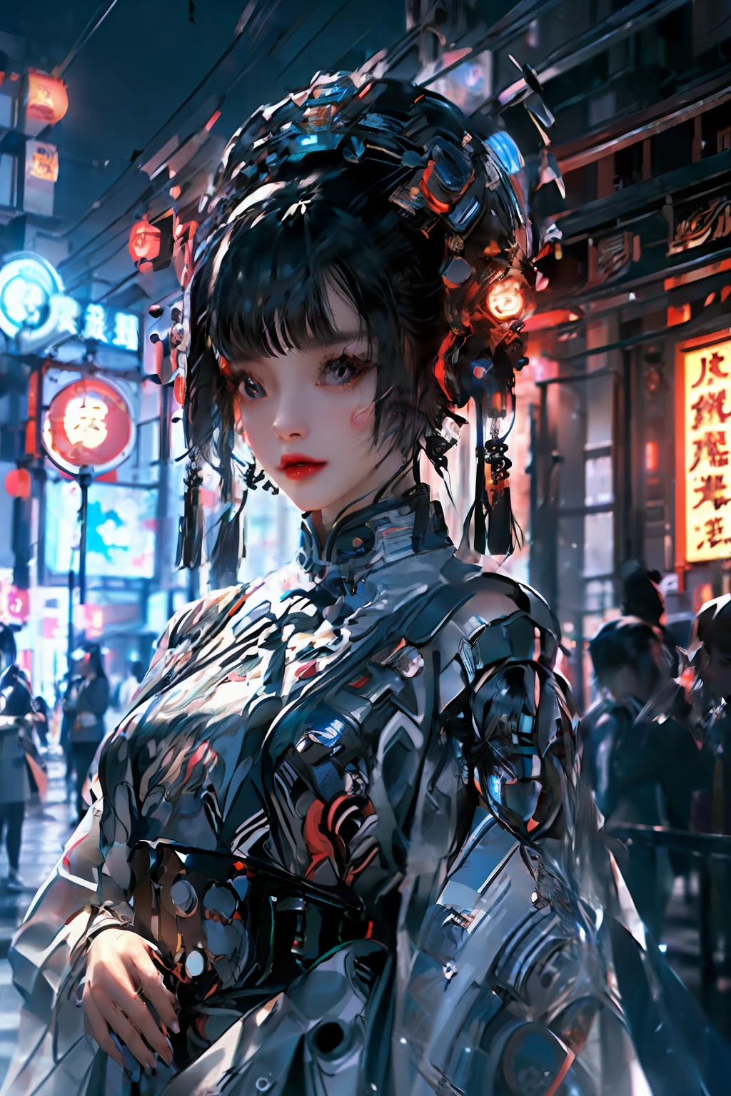 1 girl, Chinese_clothes, cyberhanf, cyberpunk city, tiara, hair accessories, super detailed, beautiful studio soft light, dramatic lighting, vibrant details, luxurious cyberpunk, complex background, octane rendering, 8k, best quality, masterpiece, illustration, extremely refined and beautiful, very detailed, CG, wallpaper, (realistic, Photorealistic (1.37), stunning, fine detail, masterpiece, best quality, official art, (evening: 1.5), dark theme, dynamic angles, dynamic pose, cowboy shot, 1 girl, solo, detailed face, detailed eyes, looking at the audience, rouge \ (makeup\), full lips, red lips, red eyes, (long hair: 1.3), upper body, (standing), (cyberhanf: 1.2), cheongsam, futobot, robot, chinatown, street, empty, cyberpunk, paper lantern, neon sign,