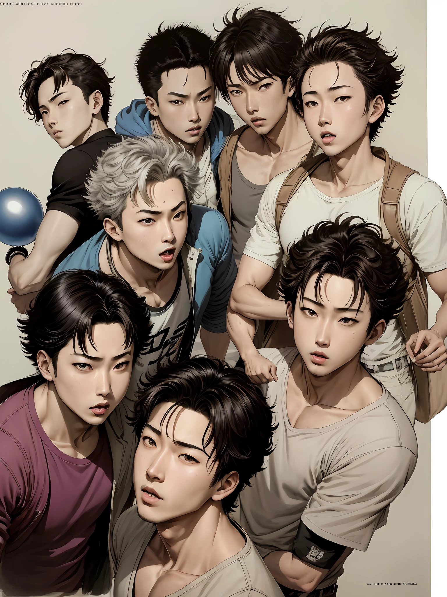 drawing of a group of young men playing with a balloon, hirohiko araki art, hirohiko araki artwork, by Hirohiko Araki, by Gang Se-hwang, concept art of single boy, by Jang Seung-eop, by Kim Myeong-guk, by Yoshihiko Wada, by Joong Keun Lee, art of katsuhiro otomo
