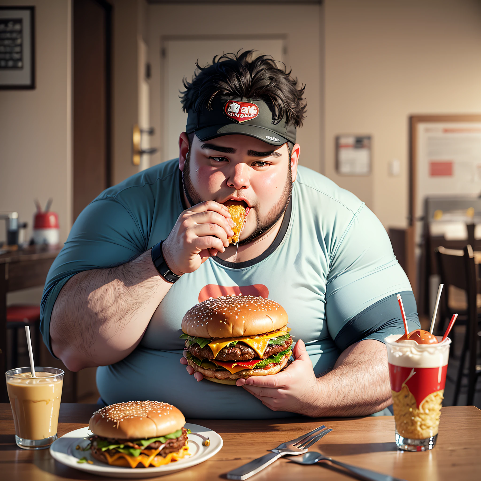 A fat man eating hamburger --auto --s2