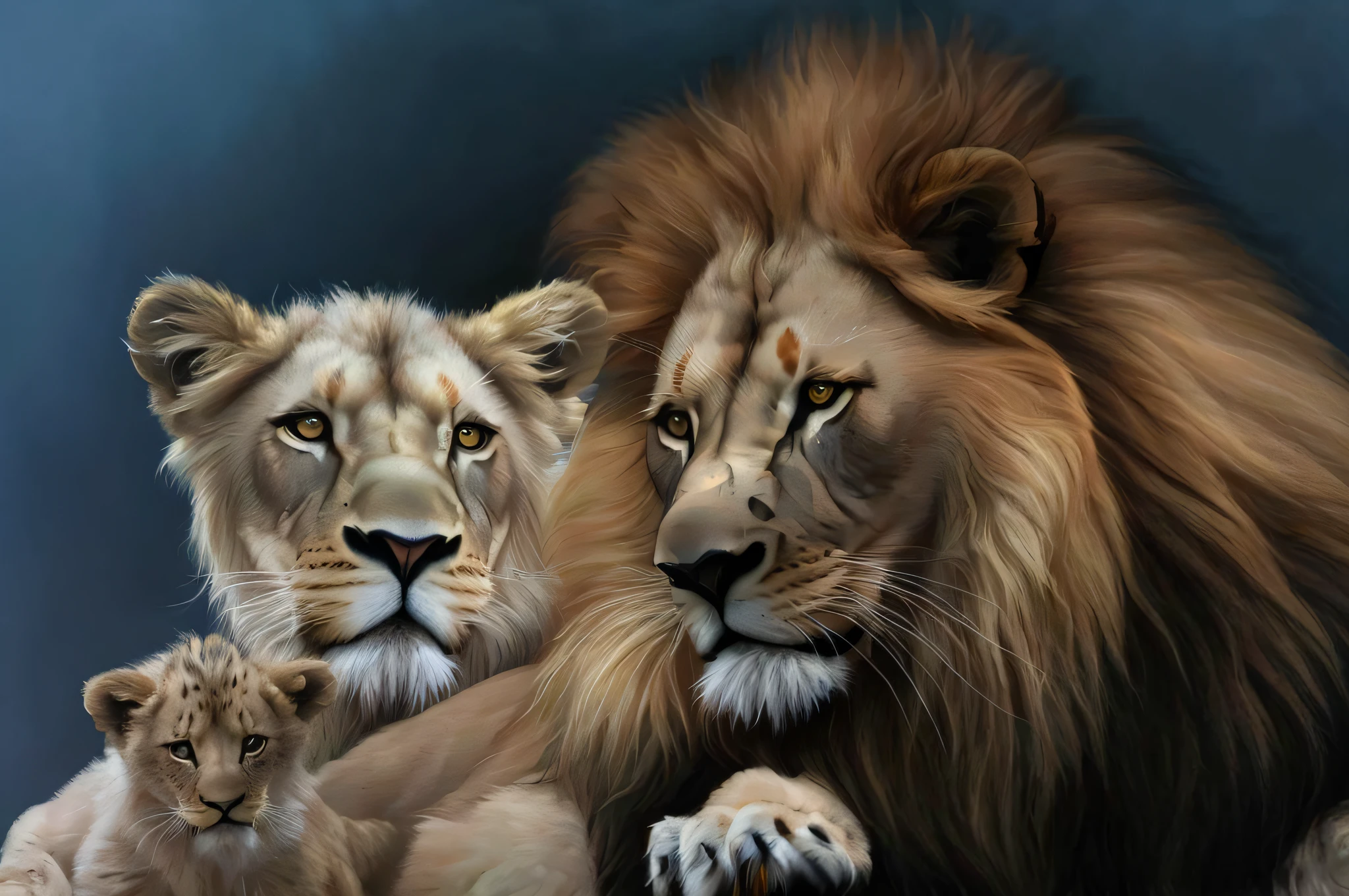 painting of a lion and a lion cub resting on a blanket, lions, family portrait, by László Balogh, high quality digital painting, proud looking, ultra realistic illustration, by Howard Lyon, detailed beautiful animals, by Galen Dara, animal painting, amazing art, by Ștefan Luchian, realistic art, digital art animal photo