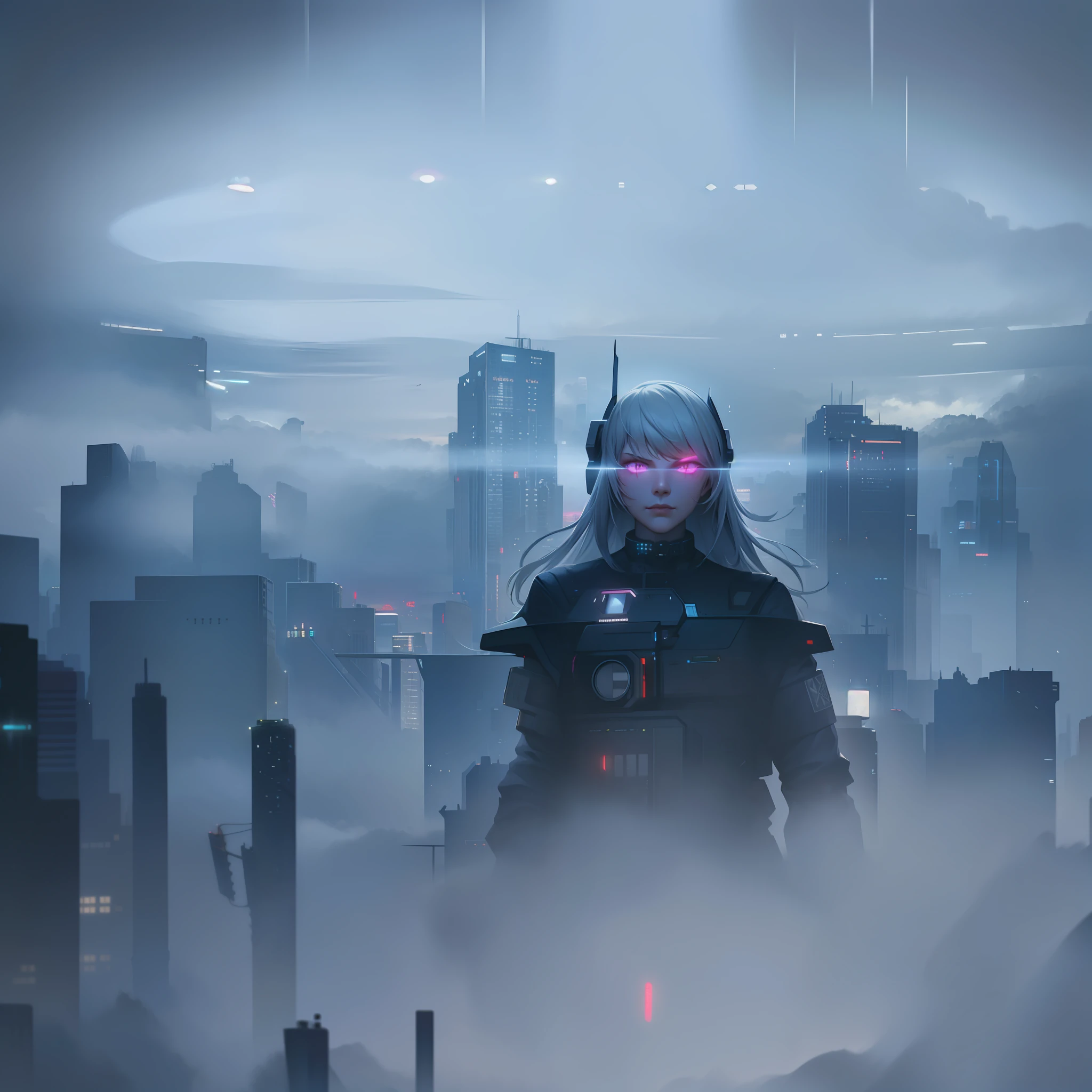 cyberpunk [foggy cityscape in the distance : very pretty girl, city:0.33] immersed in a giant flow of wind, living in a thunder cloud, behind the cloud, (double exposure:1.3), photo by Brandon Woelfelmist, surreal dream, gray atmosphere, rainy day, dynamic, lut, hdr