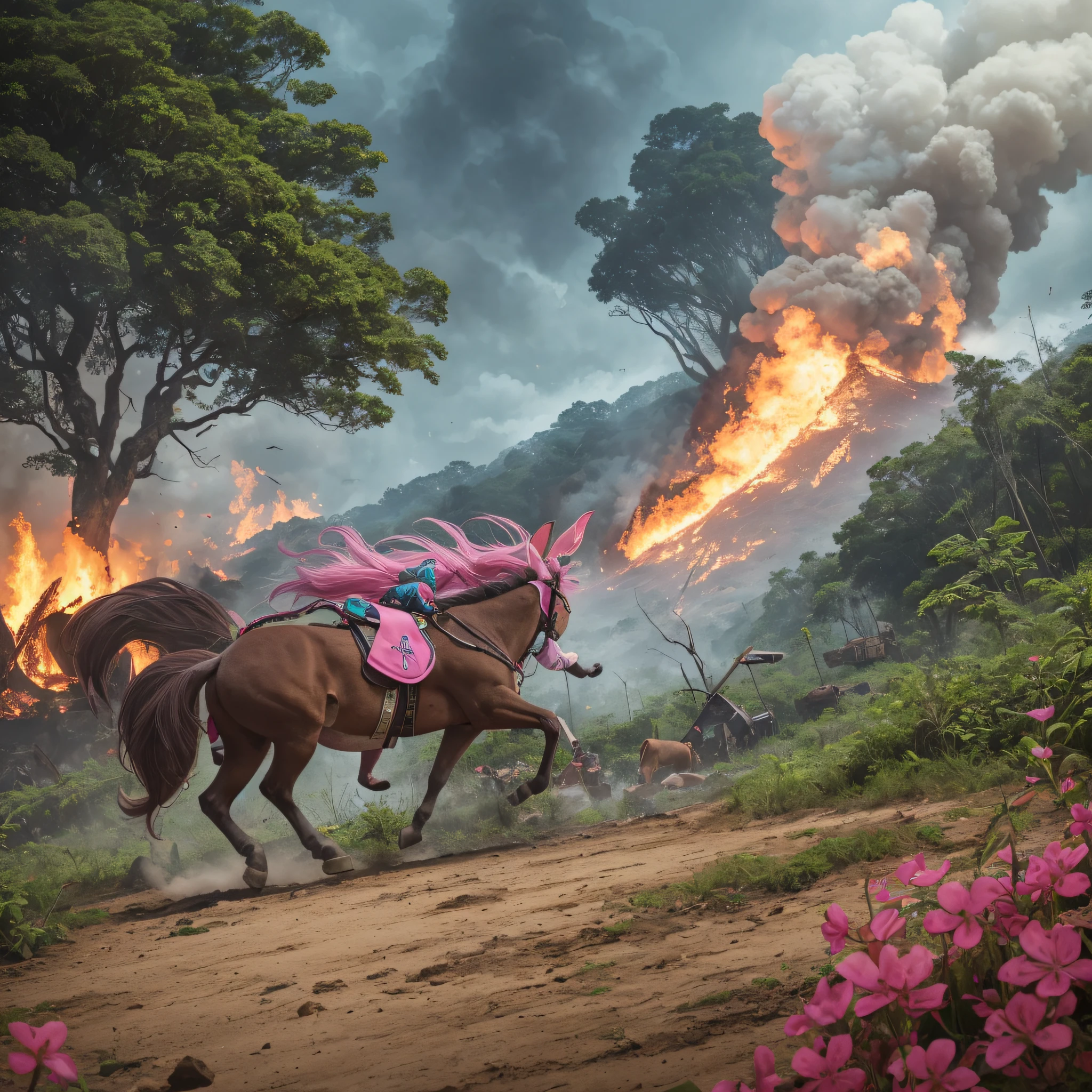 Curupira, mule without head, boitatá, porpoise with pink and the cuca, fighting against a machine that destroys the forest, in an epic scenario, fire in the background, maximum quality, 4k --auto --s2