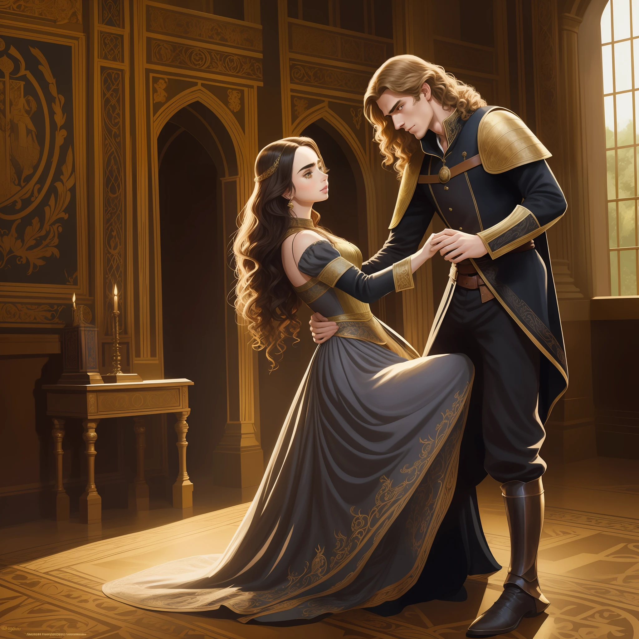 woman Lily Collins who has long, curly brown black hair wears a medieval dress; the man Neels Visser wears a medieval military outfit and has blonde hair. The couple is waltzing in the ballroom. The illustration is like a novel book cover with a detailed background, bright, illuminated, ultra detailed, concept art, elegant, art by Greg Hildebrandt, Samyang