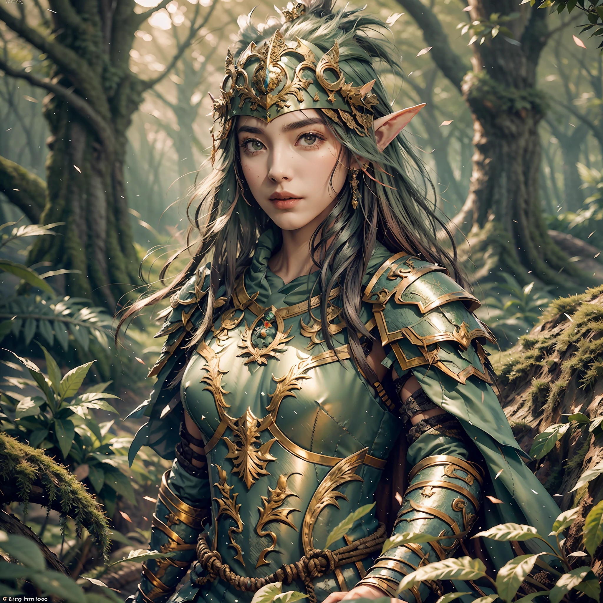 beautiful forest elf, pretty face, nice body, black hair, wearing armor, green cape, in a forest, 8k, extremely detailed, ultra realistic --auto --s2