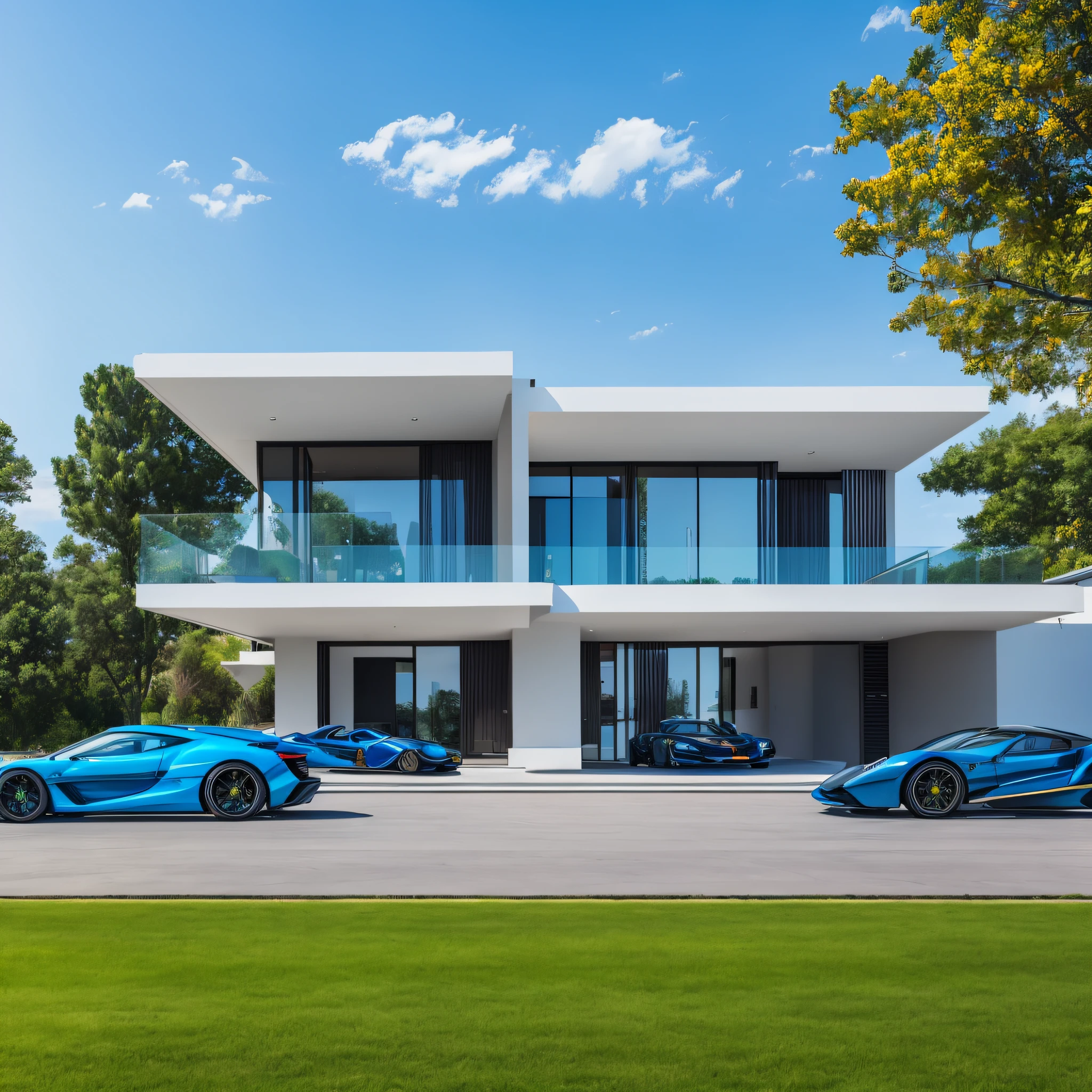 Modern mansion from afar with three super cars right in the middle, photo with strong and vibrant colors + blue sky, 4k resolution, Canon EF 35mm photography, award-winning photography --auto --s2