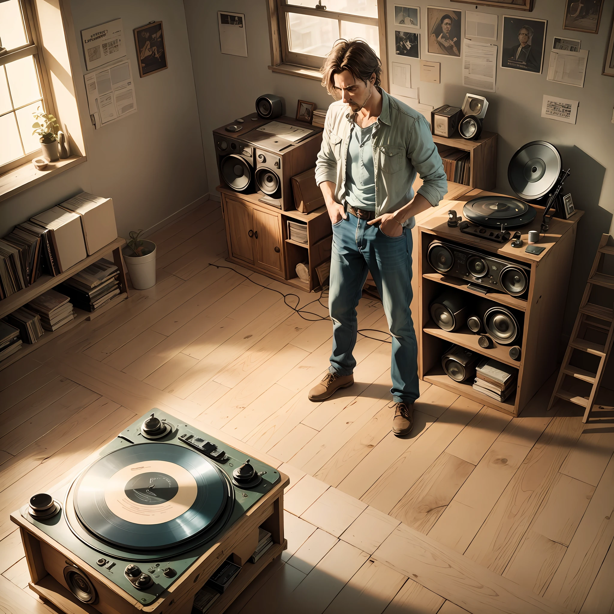 Storyboard, traces of a man standing next to an old record player in an empty loft