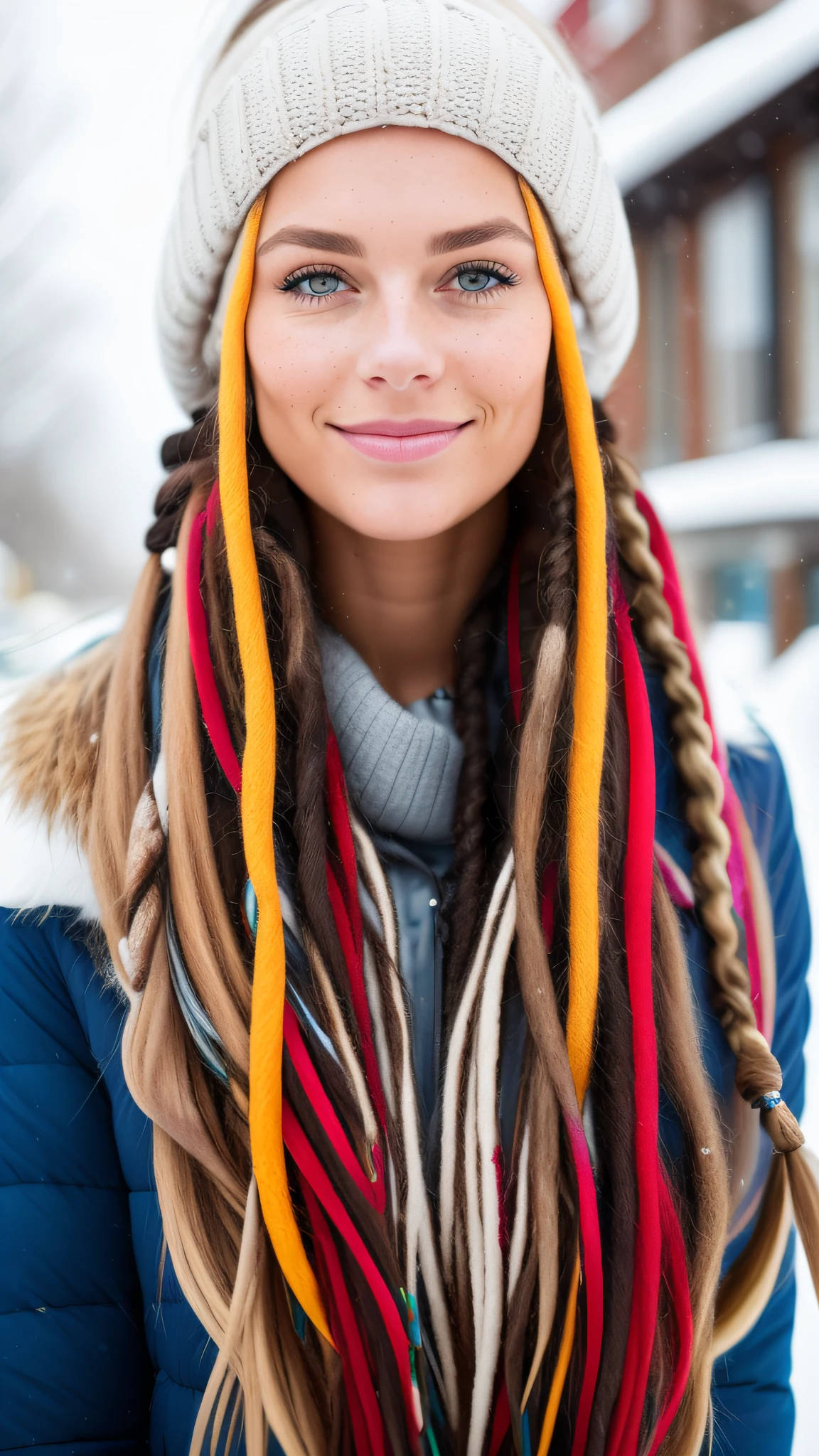 professional portrait photograph of a gorgeous Norwegian girl in winter clothing, with long wavy colorful dreadlock, sultry flirty look, freckles, gorgeous symmetrical face, cute natural makeup, wearing elegant warm winter fashion clothing, standing outside in snowy city street