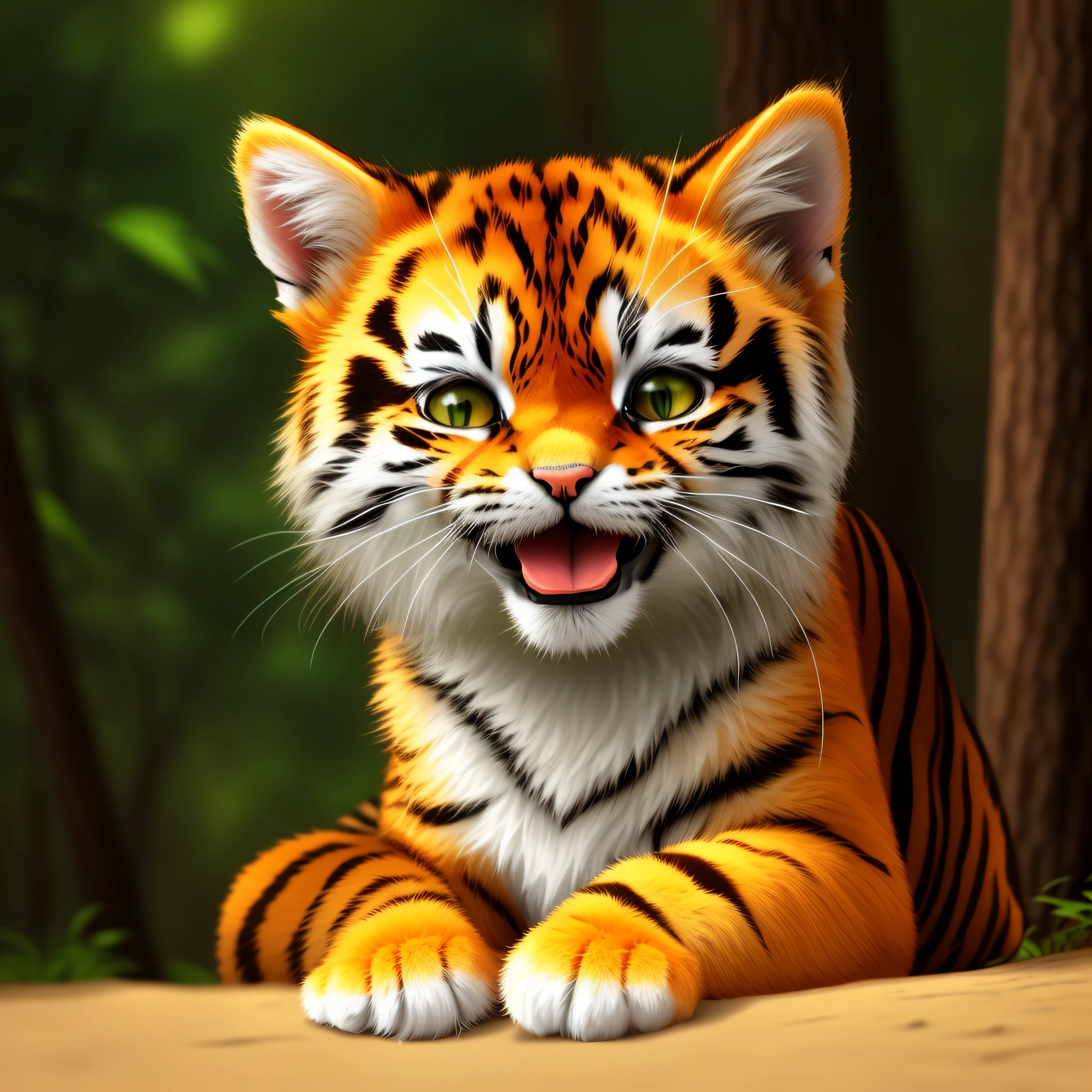 a small tiger, who is sitting with his tongue out, in a forest, adorable digital painting, tiger, digital painting, beautiful digital art, smileeeeeee, cute animal, , (ultra realistic) --auto --s2