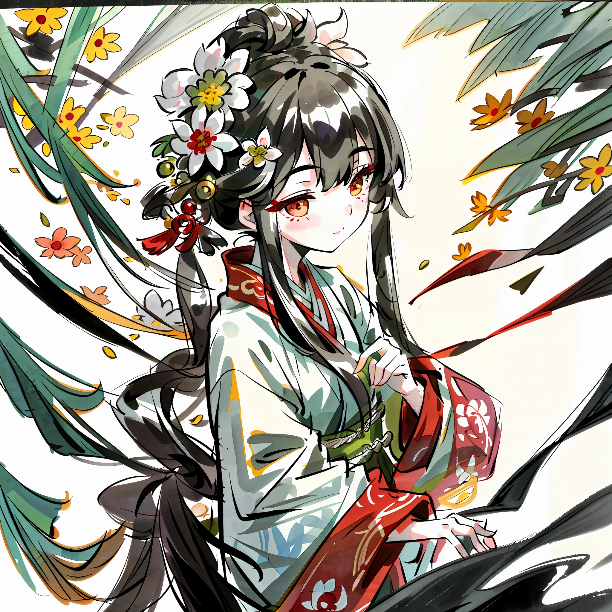 This traditional Chinese ink painting depicts a Hanfu beauty wearing a garland in close-up. She has long hair and a shawl, and her appearance is beautiful, showing a cute charm. As we look down, we can see that her hair is gradually turning into flowers and plants, forming a harmonious picture with the natural environment around her.