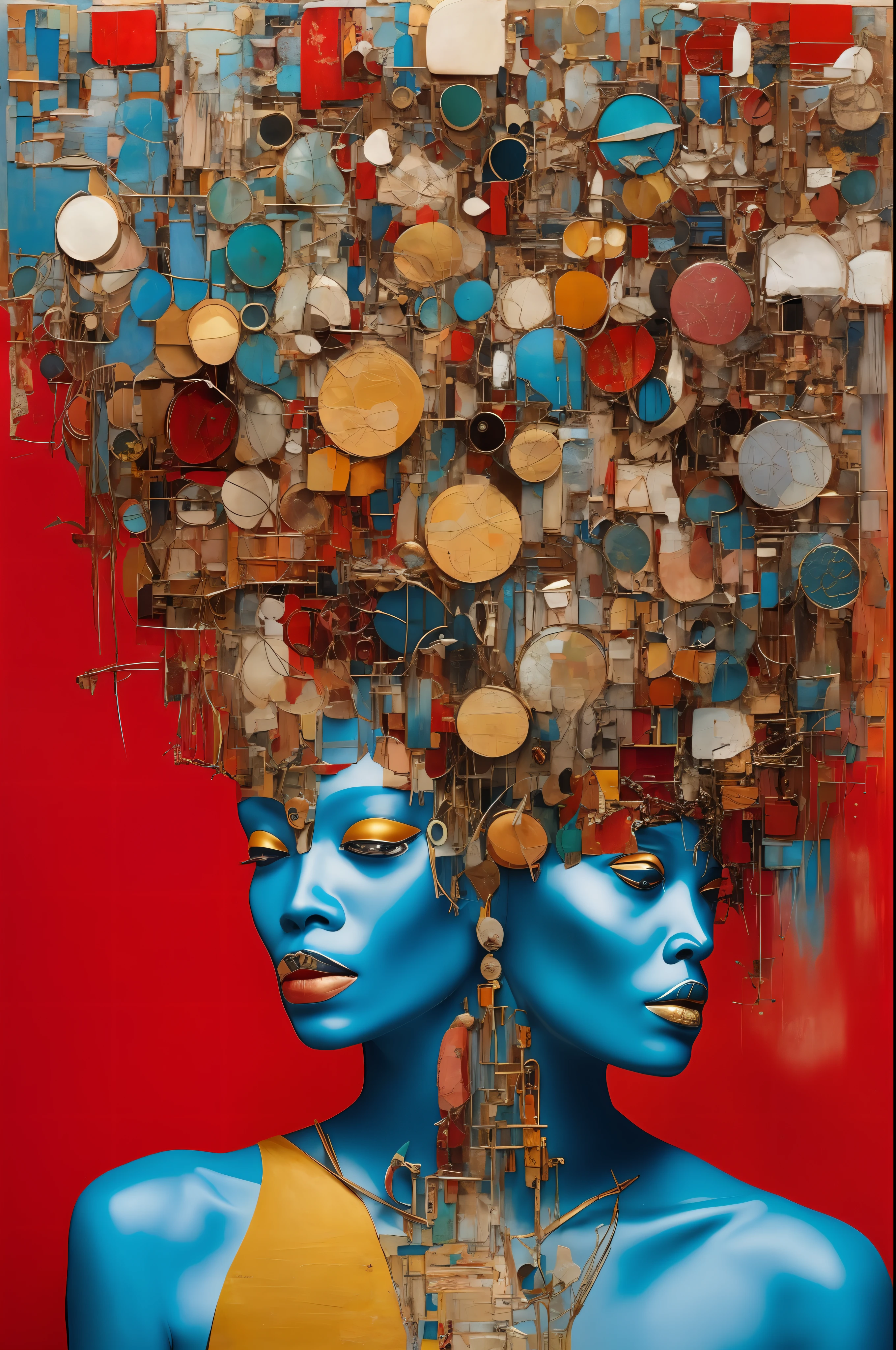 In the style of cyberpunk futurism, African influence, raw etam, light blue and gold, Michael Creese, Steelpunk, Michael Hussar, white background, best quality, high quality, editorial photo, absurdists, masterpiece, intricate detail, film grain, intense red