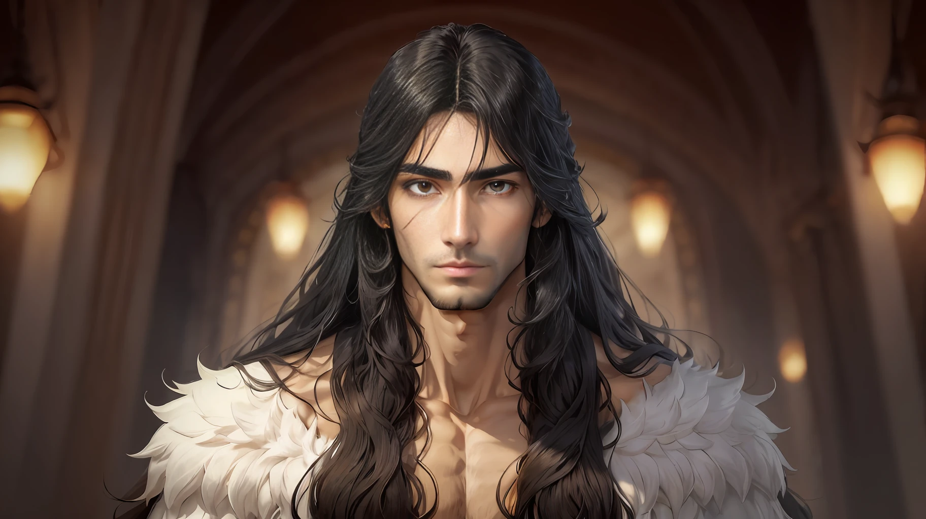 Standing about 1.8 meters tall, he is taller than his peers, with a well-proportioned body, a delicate face, clear silhouette, soft facial features, and a clear temperament between his eyebrows. He has long black hair with a triangular bangs on the top of his hair, and his long hair is delicate and scattered over his shoulders like a waterfall, with a hint of fluffiness. The eyes are deep and clear, exuding extraordinary wisdom and unique temperament, can suck people in, masterpiece, best quality, high detail, high quality, 3/4 body --auto --s2