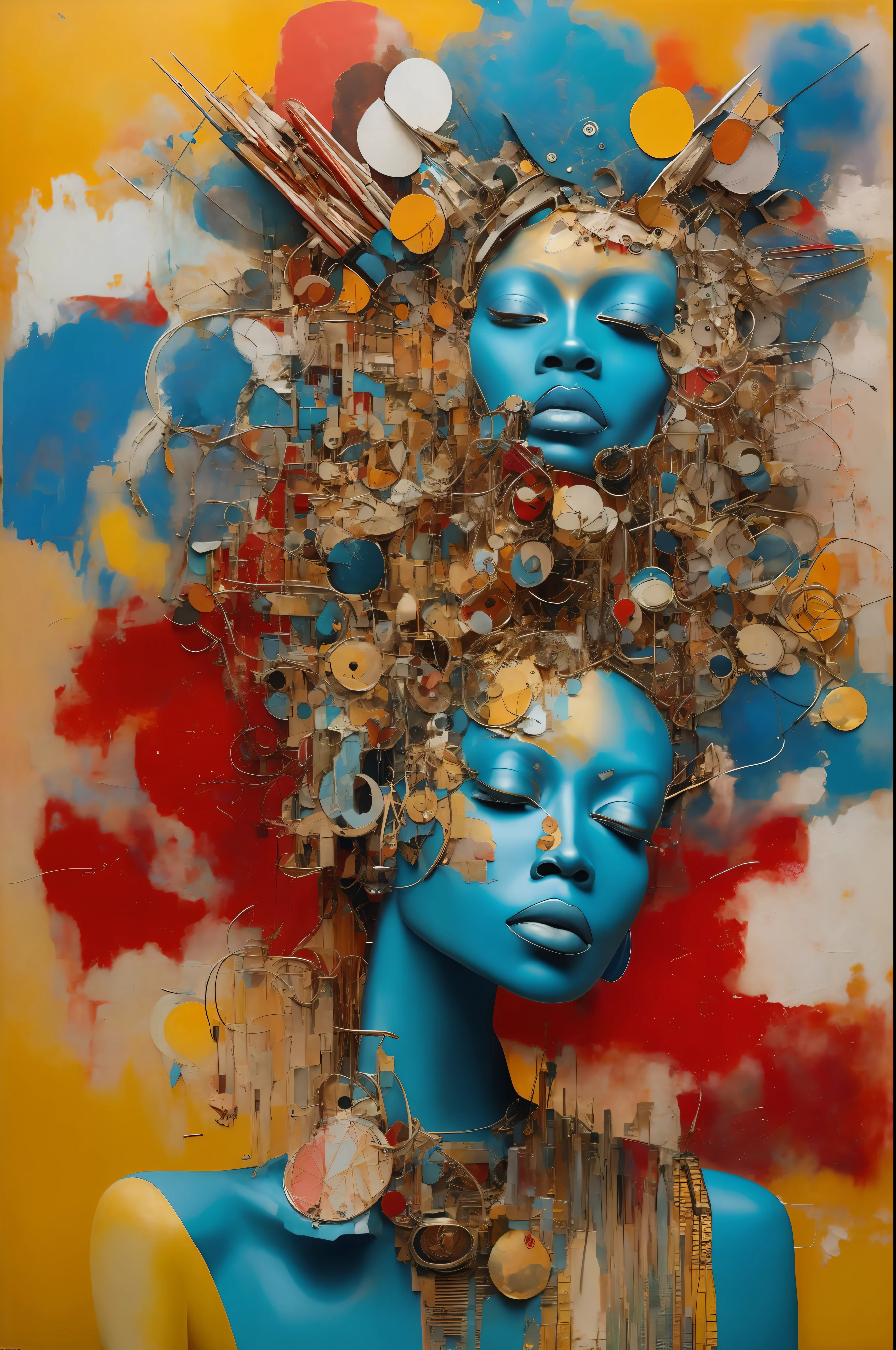 In the style of cyberpunk futurism, African influence, raw etam, light blue and gold, Michael Creese, Steelpunk, Michael Hussar, white background, best quality, high quality, editorial photo, absurdists, masterpiece, intricate detail, film grain, intense red