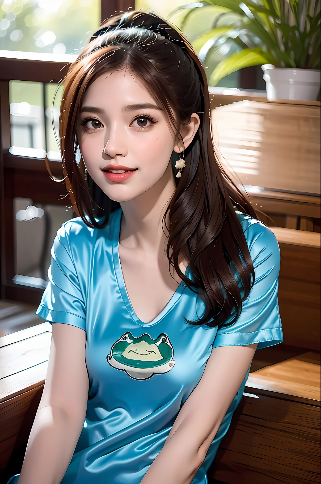 (8k, RAW photos,best quality, high resolution:1.1), (hyperrealistic:1.4),(realistic, photorealistic:1.3), soft light,big breasts,girl,realistic face,realistic body,realistic skin,absurdity,masterpiece,(cute:1.8), cuties, solo, (big breasts:1.2), detailed black eyes,innocent eyes,blusher,(t-shirt:1.2), cinema light,film grain,jewelry,earrings,((Medium hair:1.1)),((Floating Hair Novafrog Style)),cherry colored lips,hair ribbon,hair bow,ponytail,closeup,look viewer,long hair,upper body,open lips,upper teeth, (smiling eyes:0.6),((grinning:1.2)),depth of field, blurred background, eye focus, Bokeh,Young, 85mm Lens, f/1.4,Professional Lighting, Young,Portrait,Photon Mapping,Radiosity,Physically Based Rendering,No Bra