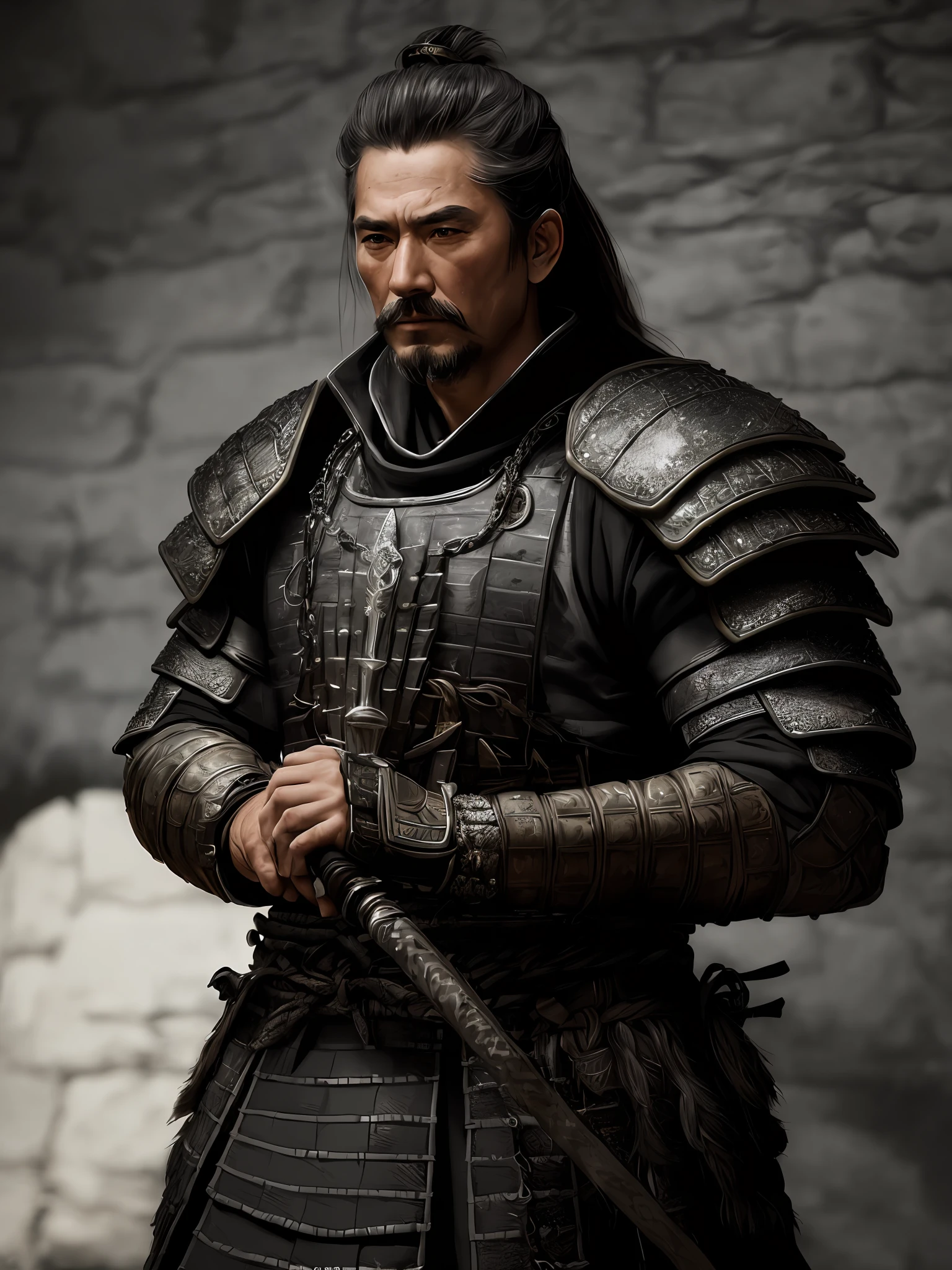 (High quality: 1.3), cinematic shot, masterpiece, (sharp focus: 1.5), (photorealistic: 1.3), medium portrait of (a tired-looking but still proud and fierce old samurai warrior, now the leader of his village, dressed in elaborately detailed chain mail and leather armor, some torches burn on the walls, giving the scene a somber atmosphere but carving the forms in crisp chiaroscuro), is night, (highly detailed skin), (detailed face), detailed background, dark lighting, twilight lighting, volumetric lighting, complex details, UHD,