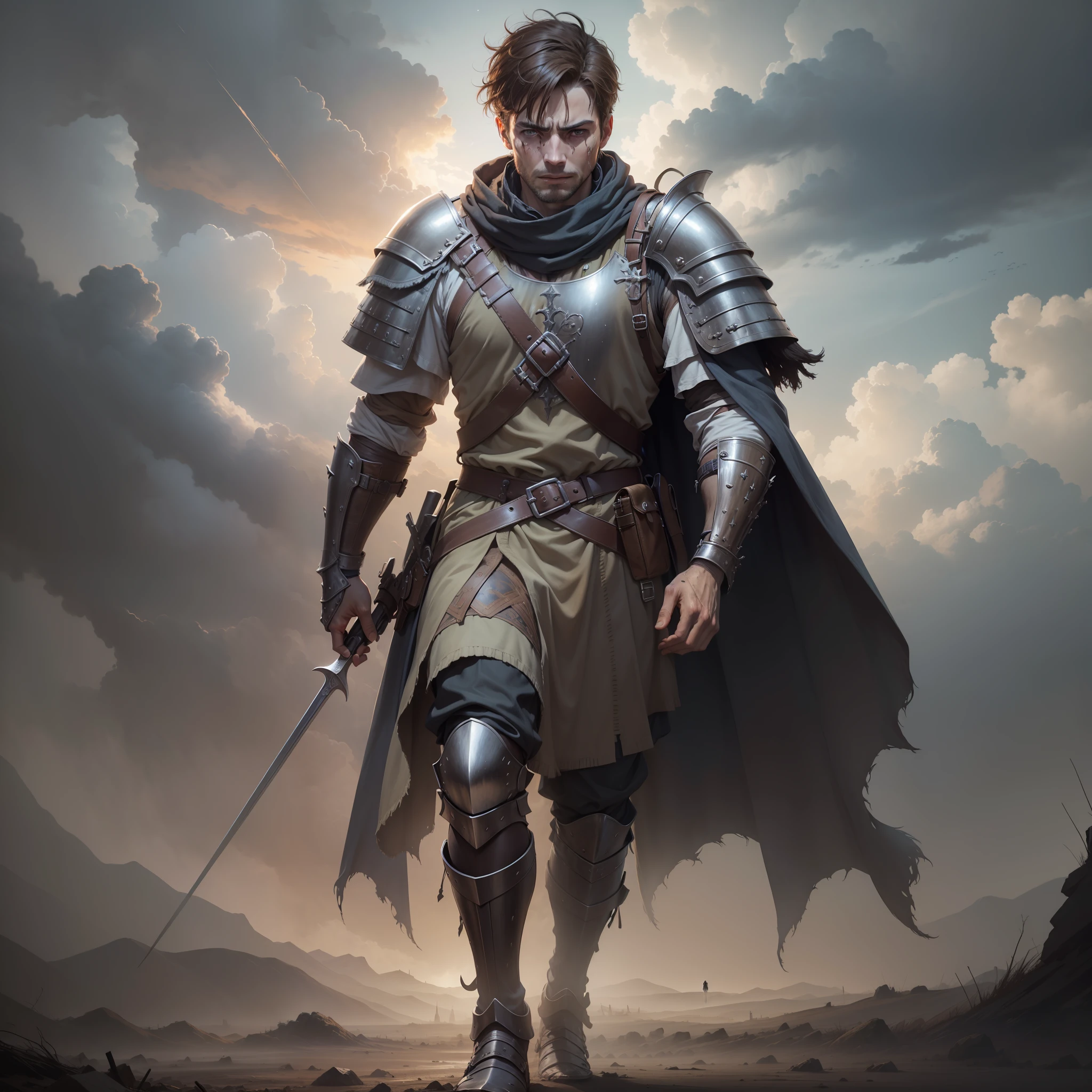 Ultra realistic image of a man with short brown hair, wounded, dirty face, dressed in a medieval armor and tunic on his head, expression of pain, walking, night scenery sky with dense clouds, sinister lands