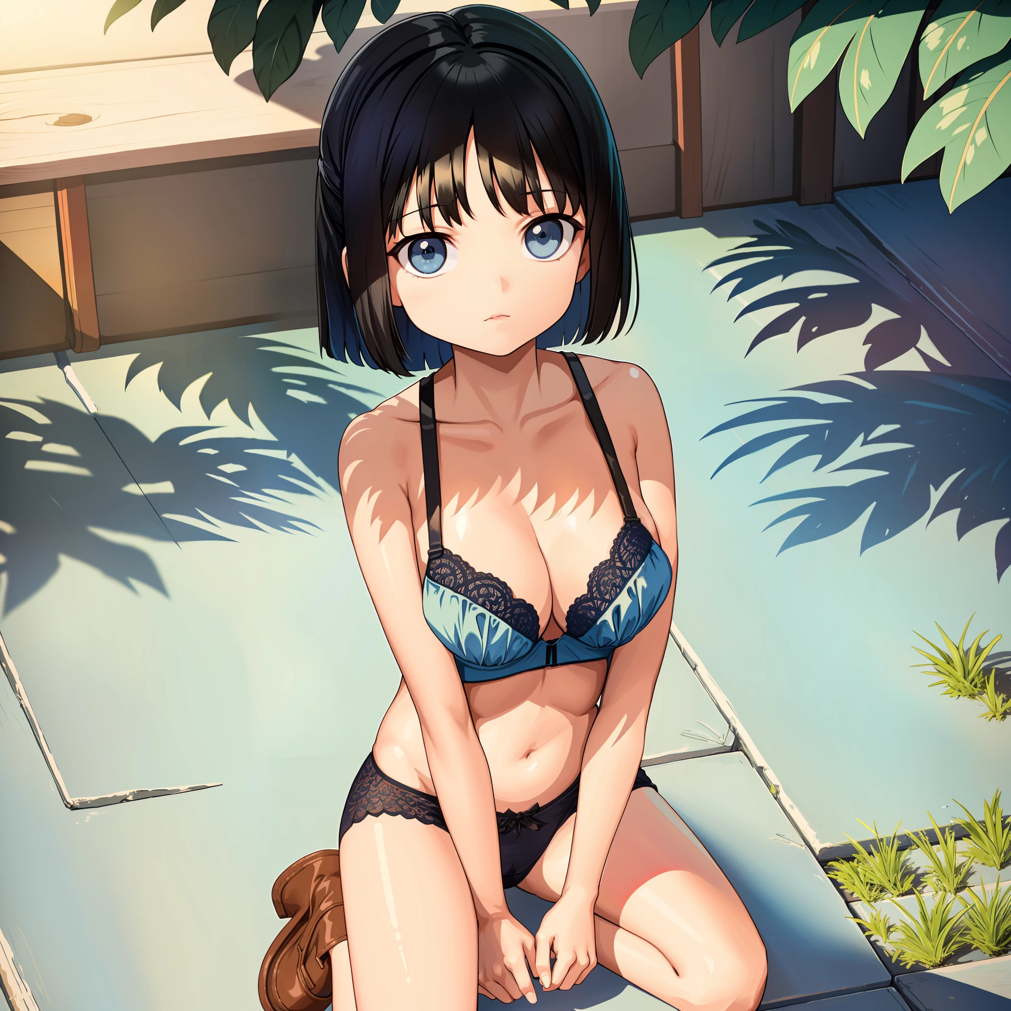 A -yeld gi very beautiful with childish features, big eyes of light green color, long hair of black color and bright, wearing only panties and lacy blue bra very tight to the body, she has a thin body and with giant and huge breasts, she is sitting on the floor of the square on a sunny day