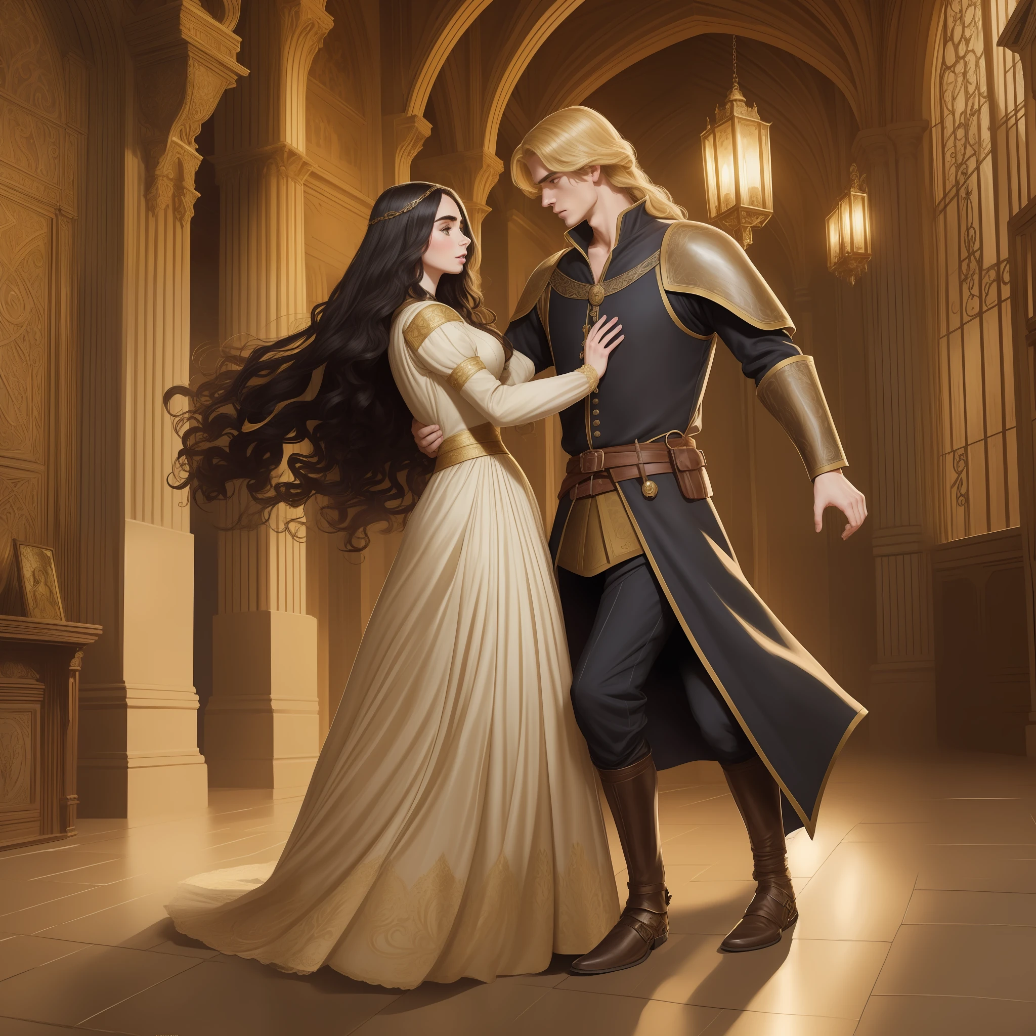 woman Lily Collins who has long, curly black hair wears a medieval dress; the man Neels Visser wears a medieval military outfit and has blonde hair. The couple is waltzing in the ballroom. The illustration is like a novel book cover with a detailed background, bright, illuminated, ultra detailed, concept art, elegant, art by Greg Hildebrandt, Samyang