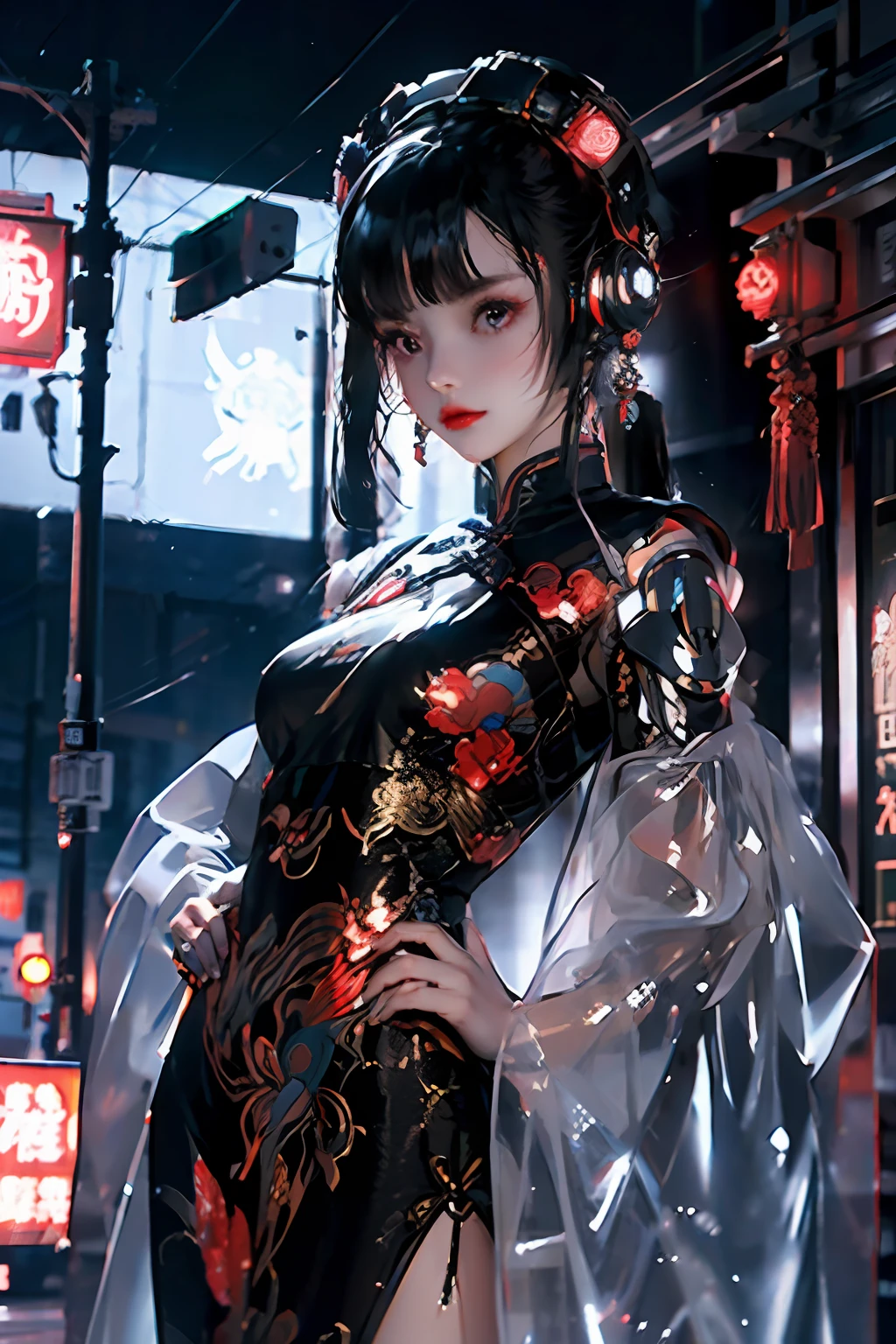 Super Resolution, (Realism: 1.3), 1 (Slim: 1.2), 1 Girl, Chinese_clothes, cyber-clothes, cyberpunk city, headwear, hair accessories, super detailed, beautiful studio soft light, dramatic lighting, vibrant details, luxurious cyberpunk, complex background, octane rendering, 8k, best quality, masterpiece, illustration, extremely refined and beautiful, very detailed, CG, wallpaper, (realistic, Photo Realism: 1.37), Amazing, Fine Detail, Masterpiece, Best Quality, Official Art, (Night: 1.5), Dark Theme, Dynamic Angles, Dynamic Pose, Cowboy Shot, 1 Girl, Solo, Detailed Face, Detailed Eyes, Looking at the Audience, Rouge\(Makeup\), Full Lips, Red Lips, Red Eyes, (Long Hair: 1.3), Upper Body, (Standing), (Cyberhanfu:1.2), Cheongsam, Futobot, Robot, Chinatown, Street, Empty, Cyberpunk, Paper lanterns, neon lights