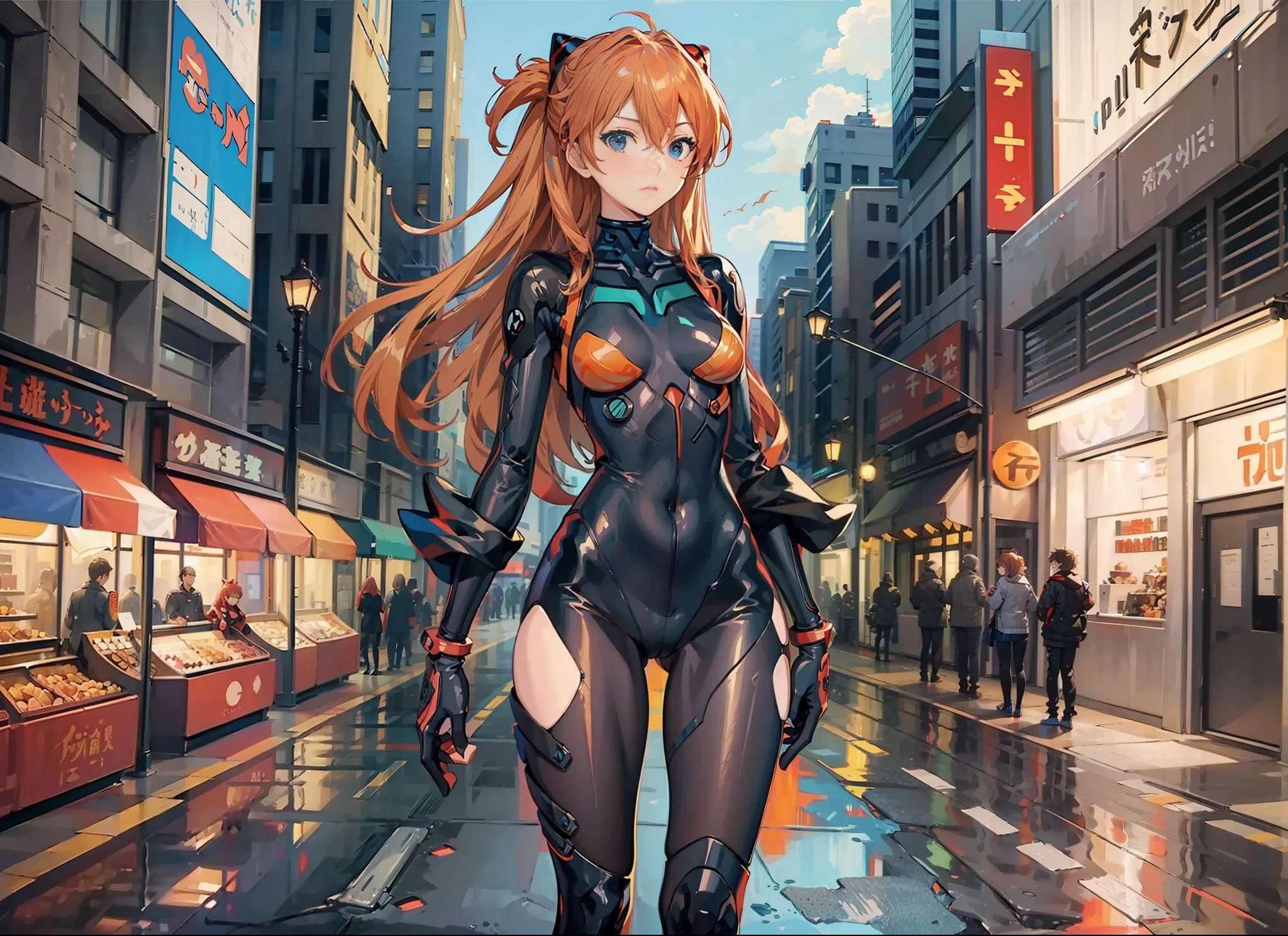 ((masterpiece,best quality, detailed)), full body, night, cityscape, souryuu asuka langley, interface headset, multicolored bodysuit, eyepatch