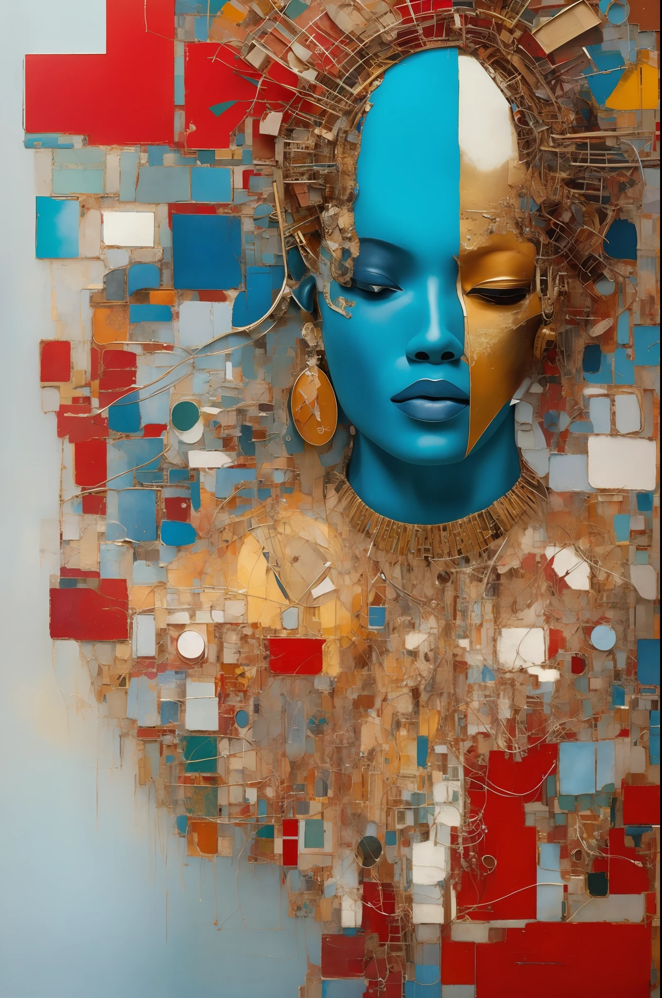 In the style of cyberpunk futurism, African influence, raw etam, light blue and gold, Michael Creese, Steelpunk, Michael Hussar, white background, best quality, high quality, editorial photo, absurdists, masterpiece, intricate detail, film grain, intense red