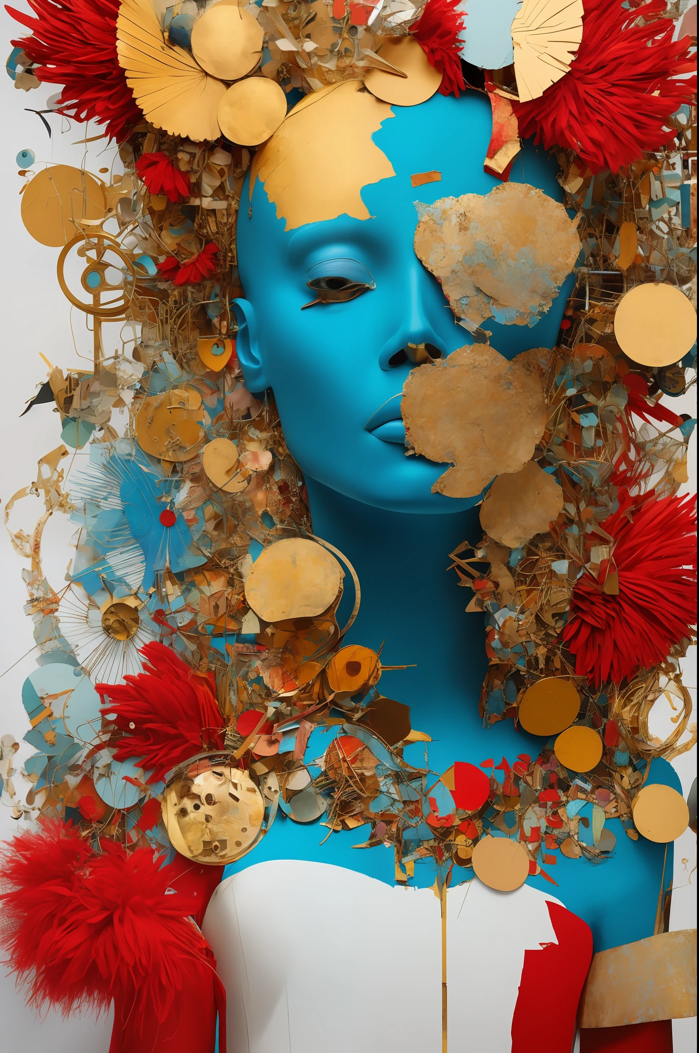 In the style of cyberpunk futurism, African influence, raw etam, light blue and gold, Michael Creese, Steelpunk, Michael Hussar, white background, best quality, high quality, editorial photo, absurdists, masterpiece, intricate detail, film grain, intense red