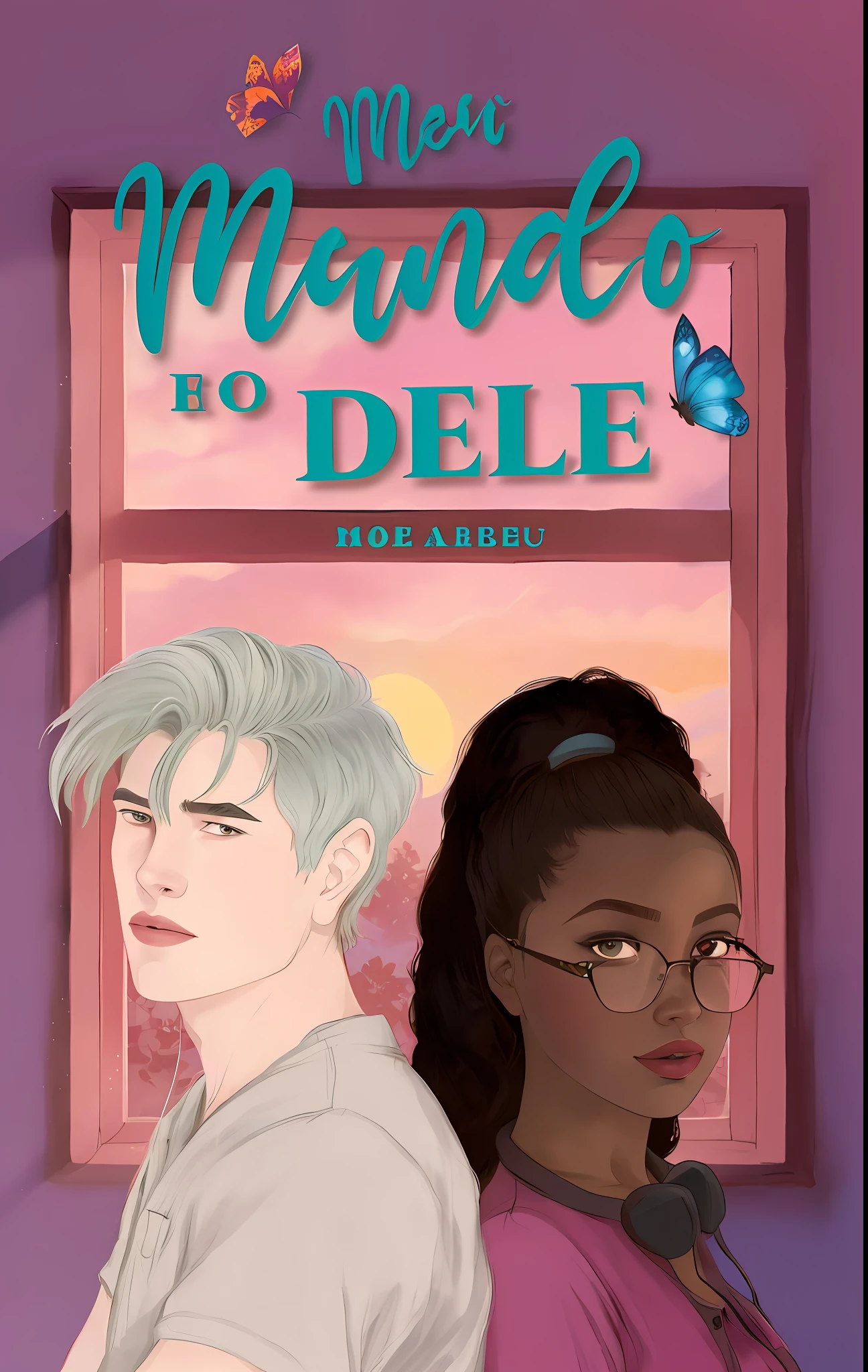 a cartoon of two people standing next to each other in front of a window, cover illustration, inspired by Manabu Mabe, romance book cover style, romance book cover, inspired by Dulah Marie Evans, novel cover art for a book, book cover illustration, art concept for a book cover, inspired by Félix Arauz, cover art of graphic novel