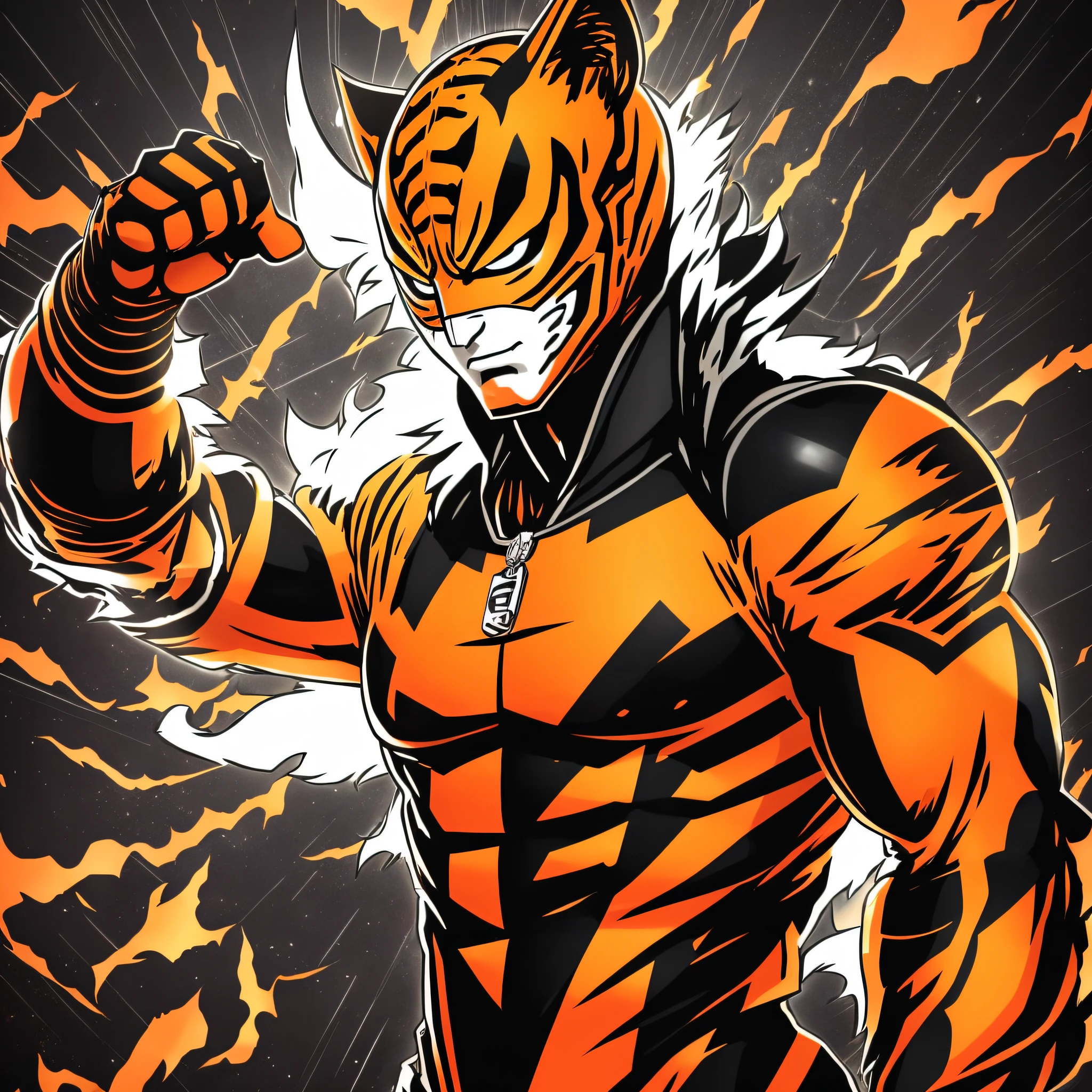 24 years old, handsome, muscular, with an orange and black long-sleeved bodysuit, tiger mask, orange and black headdress with cat's ear, One Punch Man art style --seed3150757483