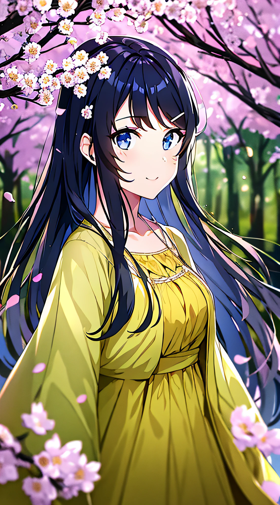 Masterpiece, best quality, 1girl, solo, long hair, look at _at_viewer, smile, bangs, blue eyes, black_hair, hair_ornament, long_sleeves, dress, shut up, collarbone, jacket, outdoor, open_clothes, sky, daytime, hairpin, tree, blue_sky, petals, cherry_blossoms, yellow_dress, rabbit_hair_ornament, atdan