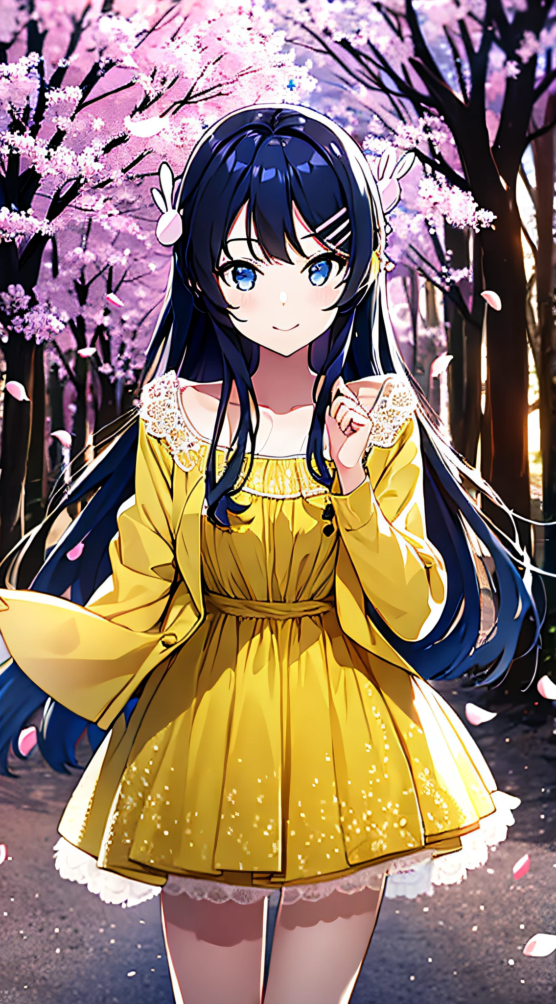 Masterpiece, best quality, 1girl, solo, long hair, look at _at_viewer, smile, bangs, blue eyes, black_hair, hair_ornament, long_sleeves, dress, shut up, collarbone, jacket, outdoor, open_clothes, sky, daytime, hairpin, tree, blue_sky, petals, cherry_blossoms, yellow_dress, rabbit_hair_ornament, atdan