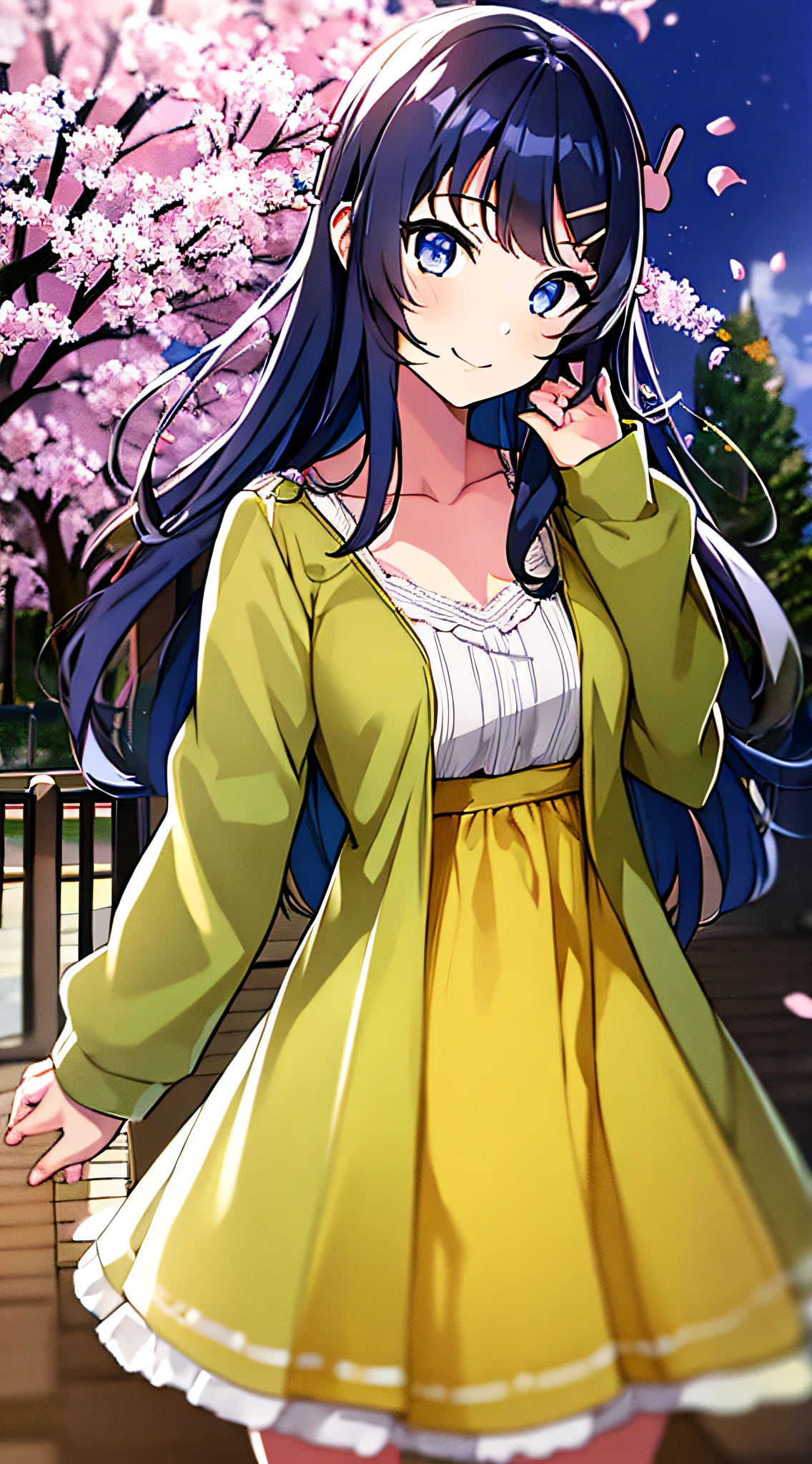 Masterpiece, best quality, 1girl, solo, long hair, look at _at_viewer, smile, bangs, blue eyes, black_hair, hair_ornament, long_sleeves, dress, shut up, collarbone, jacket, outdoor, open_clothes, sky, daytime, hairpin, tree, blue_sky, petals, cherry_blossoms, yellow_dress, rabbit_hair_ornament, atdan