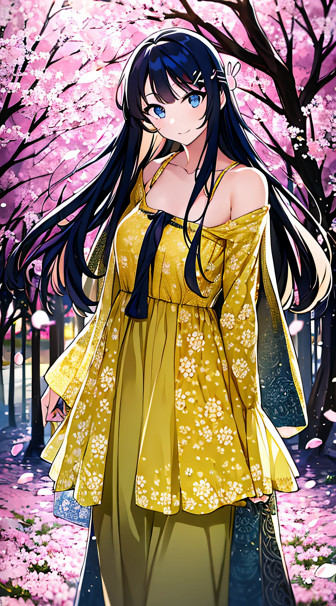 Masterpiece, best quality, 1girl, solo, long hair, look at _at_viewer, smile, bangs, blue eyes, black_hair, hair_ornament, long_sleeves, dress, shut up, collarbone, jacket, outdoor, open_clothes, sky, daytime, hairpin, tree, blue_sky, petals, cherry_blossoms, yellow_dress, rabbit_hair_ornament, atdan