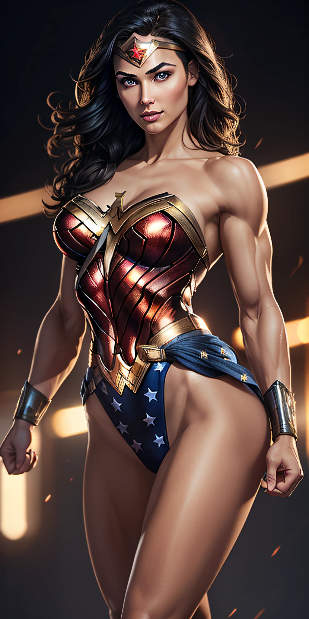 Wonder Woman, vhs effect, nostalgia, full body, Wonder Woman, (Intricate details, makeup), (Delicate and beautiful delicate face, delicate and beautiful delicate eyes, perfectly proportioned face), delicate skin, strong and realistic blue eyes, realistic black hair, lips, makeup, natural skin texture, tiara, jewelry, star \(symbol\), leotard, bulletproof gauntlet, Red boots, golden belt, (public clothing: 1.5), bare shoulders, slightly sunburned complexion, mature, sexy, elastic muscles, (muscles: 1.2), ((strong and healthy body)), (((more) muscles))), long legs, curves, (big breasts: 1.3), cleavage, thin waist, soft waist, (delicate skin), (beautiful and sexy woman), (swollen lips: 0.9), (eyelashes: 1.2), very delicate muscles, perfect body, flexing muscles, (skin texture), intricately detailed, fine details, hyperdetailed, raytracing, subsurface scattering, diffused soft lighting, shallow depth of field, by (Oliver Wetter))neon)