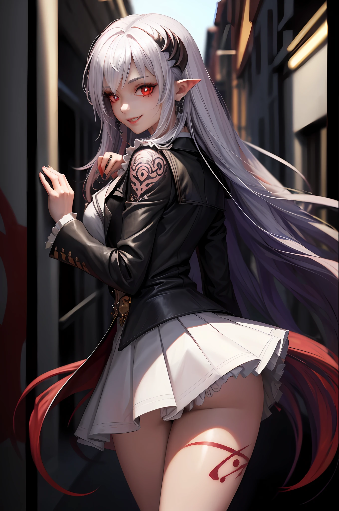 (Ashenhardt style:1.4), Masterpiece, Best quality, High quality,(Red eyes with dark red glow), (in profile), Abstraction, Deep Sea, Award-winning photography, Depth of field, HDR, Very detailed, Trending in art station, Trending in CGsociety, Complex, High detail,(Masterpiece: 1.2, highest quality), (Best lighting, very delicate and beautiful), (Best lighting, Very delicate and beautiful), (beautiful detailed face), (detailed eyes and detailed face:1.2),fantasy, (young girl, 1girl, solo, crazy smile, pale skin,gradient ultra-detailed hair,striped hair,G cup,cleavage,19 piercings,((tattoos all over the body,tribal tattoos all over the legs)) gray hair, glowing red eyes, dynamic angle, vampires), ((((graffiti mural wall background: 1.15))))), (standing in a crossword in a narrow street: 1.2) , art painting on the ground, pointy_ears, fangs, blood rain on face, blood mist, (depth of field),high contrast,(blood splash: 1.4),cowboy shot,full body, colorful poses,(((Uniform,Blazer, White blazer ruffled mini skirt,bright colored panties from behind:1))),cowboy shot,denim jacket,