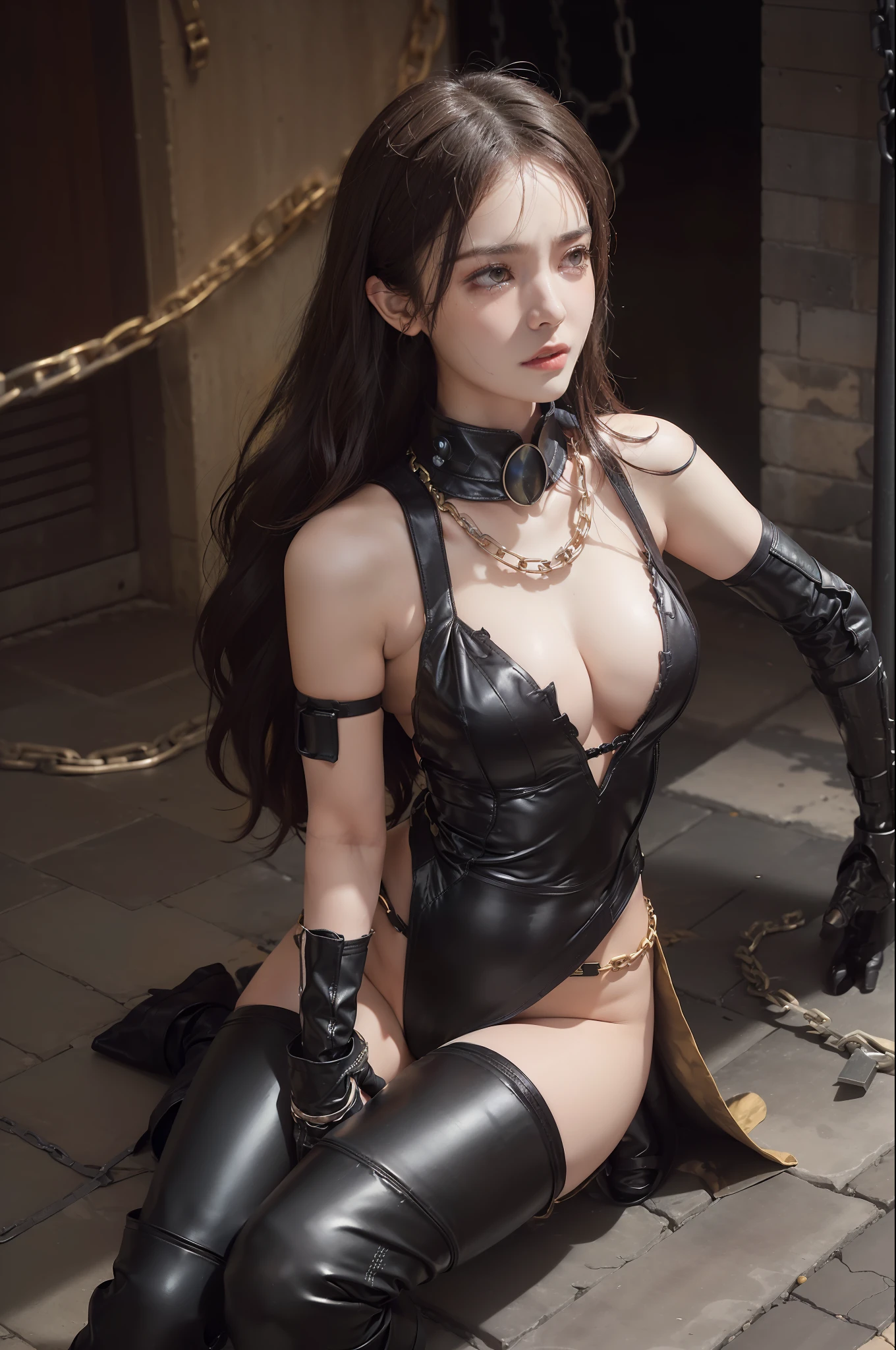 - [ ] ((beauty straddling the iron bar)), standing on tiptoe, ((wearing a torn sheer costume of a superheroine)),(no panties, no bra)), wet crotch, wet thighs, Beautiful girl with accentuated slender abs: 1.4, (((the tip is protruding, the areola protrudes, the shape of the pubic area is clearly visible)), Six Pack Abs: 1.4, Bust Botox, photo, Sharpness, unique 850 4, Koda850 k portrait camera, F1.6 lens, ultra-realistic textures, spectacular light textures, Cinestil 800 fashion mechanics, (futuristic sci-fi battle fashion, elbow and knee cyberpad, cyber long boots, cyberglove: 1.1), (tied perfectly by chain), restraint, slave, collars, contempt, (((tears flow, cry with pain)), sweating, ((wide prison with sunlight)), dark fantasy, peeling of the ceiling, broken slabs, rebar between cracks, realistic material details, extreme details, ultra-realistic materials, broken walls, ((torn costume))), wet, cloudy, (chained)), ((big emphasized by chains)), ((chains digging into the crotch)), ( (hands tied behind the back, invisible hands)), (no panties, no bra), shredded costumes, broken golden shields and battle spears, long combat boots with white knee pads, white combat gloves, combat shoulder armor, junkyard, blood splattered on the face, blood splattered, realistic, (bruises, dirty, ripped clothes, skimpy clothes, blood: 1.3), brown hair, long hair, torn cloak, Torn pantyhose, long legs, ((iron pipe in the crotch)), metallic shackles and fetters, ((chains hung from heaven)), wet crotch clearly visible, sword and shield made of Swarovski at the feet, anatomical, (futuristic sci-fi battle fashion, cracked elbow and knee cyberpads, torn cyberlong boots, torn cybergloves: 1.1),