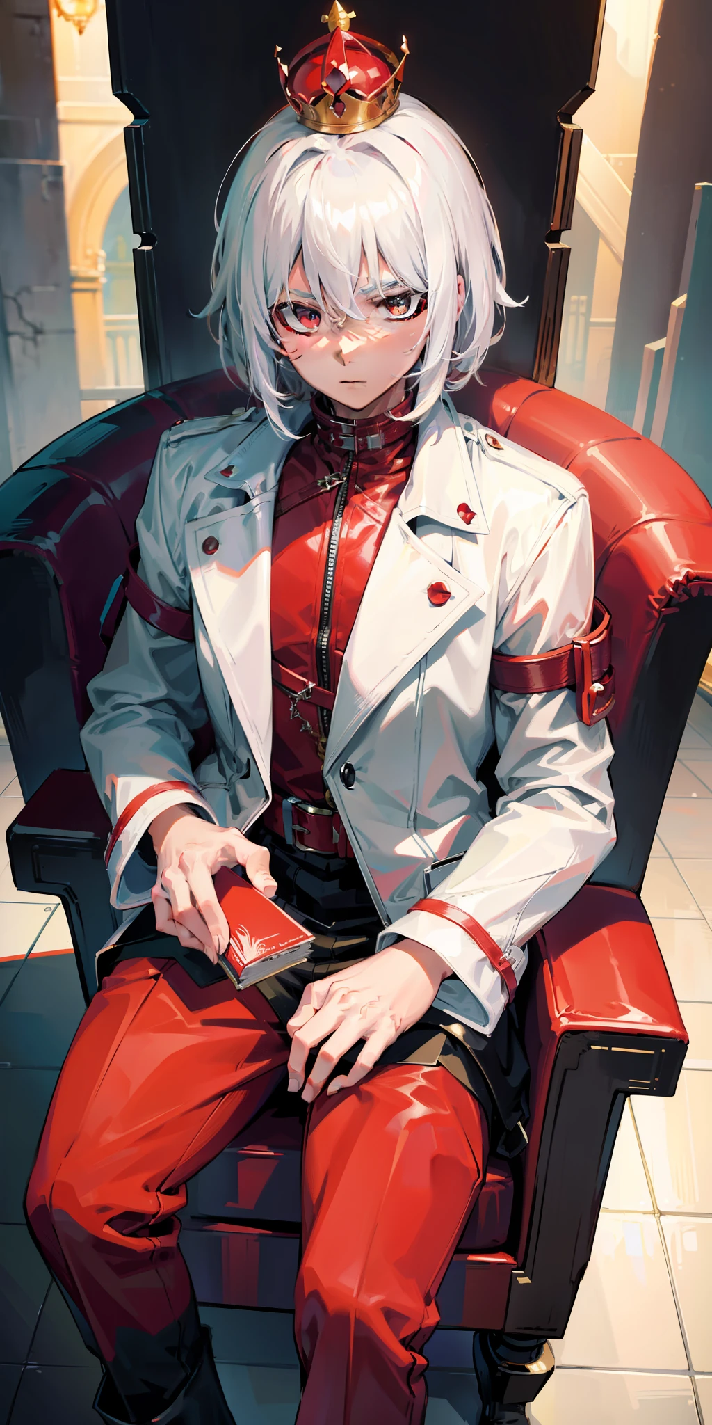 medium messy white hair anime boy,with leather jacket,red blouse,with an extremely detailed crown,sitting on a red throne,anime,epic,best quality,masterpiece,