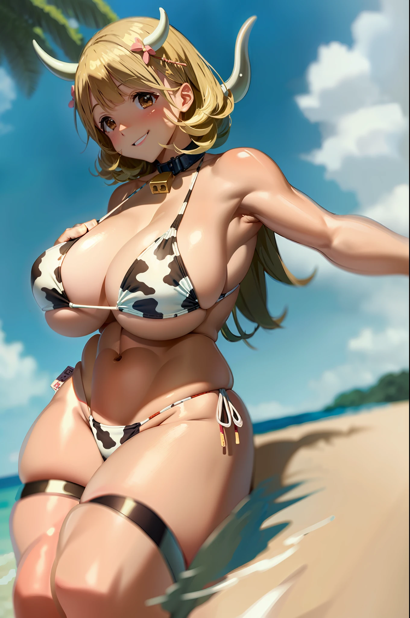 (narusawaryouka:1.1),(masterpiece:1.2), (best quality:1.2),1girl ,(cow print bikini:1.3),sitting,cow ears,cow horns,cowbell collar,smile,solo,(gigantic breasts:1.1) ,beach