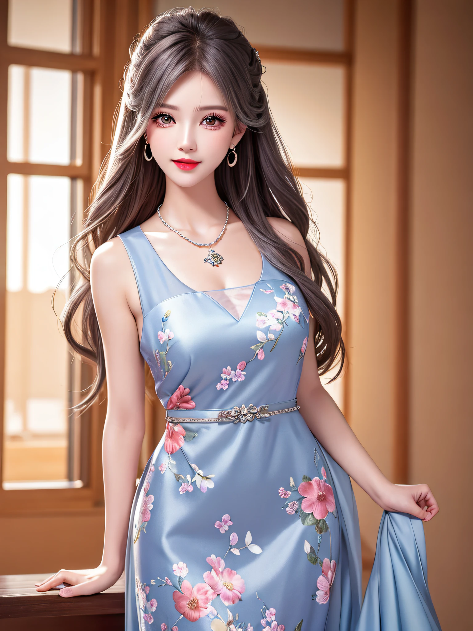 Female Teacher Standing in Classroom v6, Necklace, Earrings, Full Body V6, Long Gray Hair, Floral Sleeveless Dress, Visible, Superb, Ultra High Definition, RAW Photo, Realism 1.25), (Bright Lip Gloss, Long Eyelashes, Smooth) Face, Bright Skin, Natural Shadows, Wide Light, Wide Light, Depth of Field, Strong Color, Subtle Caustics: 0.8), Smile, (Big), V6