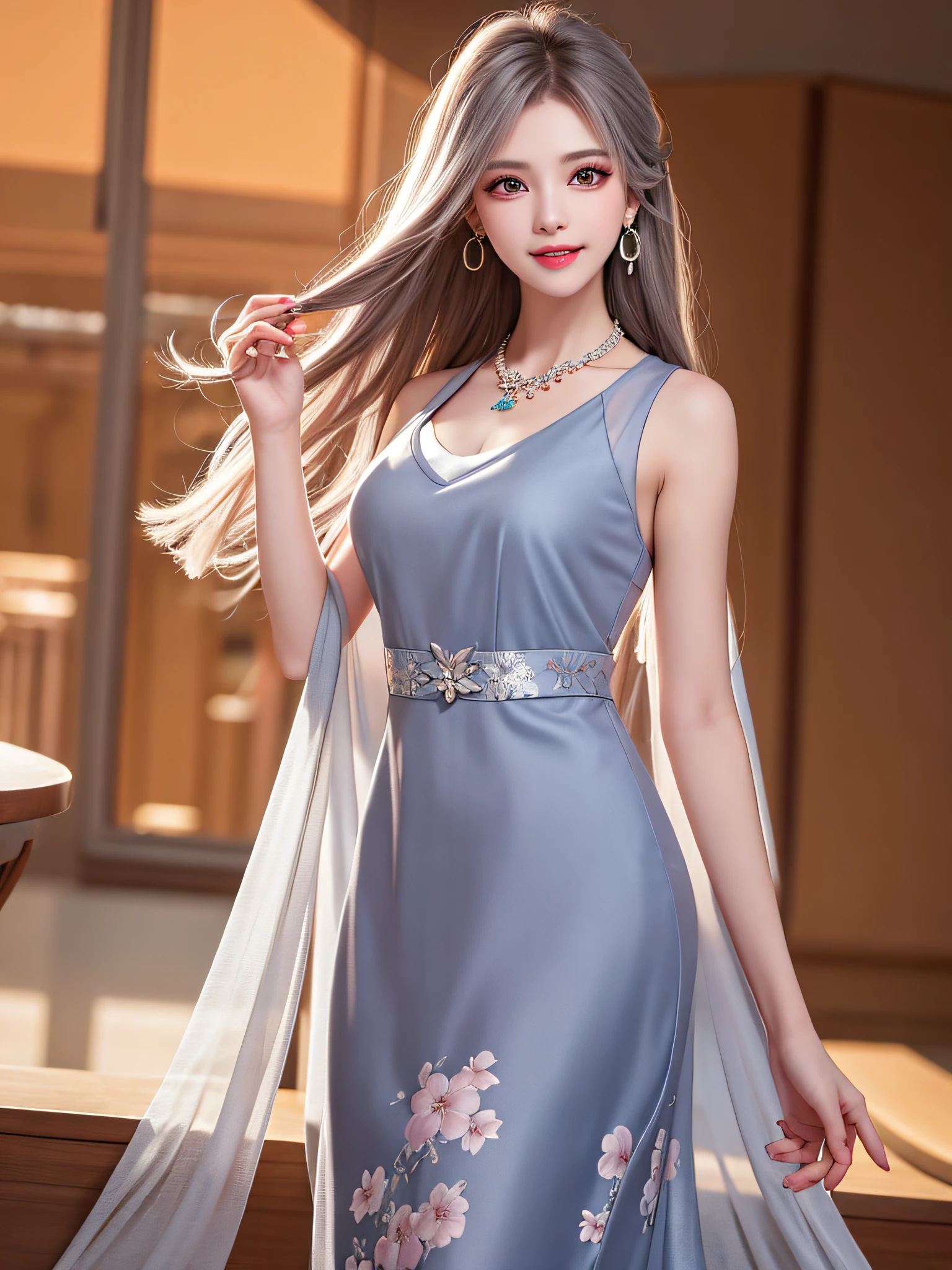 Female Teacher Standing in Classroom v6, Necklace, Earrings, Full Body V6, Long Gray Hair, Floral Sleeveless Dress, Visible, Superb, Ultra High Definition, RAW Photo, Realism 1.25), (Bright Lip Gloss, Long Eyelashes, Smooth) Face, Bright Skin, Natural Shadows, Wide Light, Wide Light, Depth of Field, Strong Color, Subtle Caustics: 0.8), Smile, (Big), V6