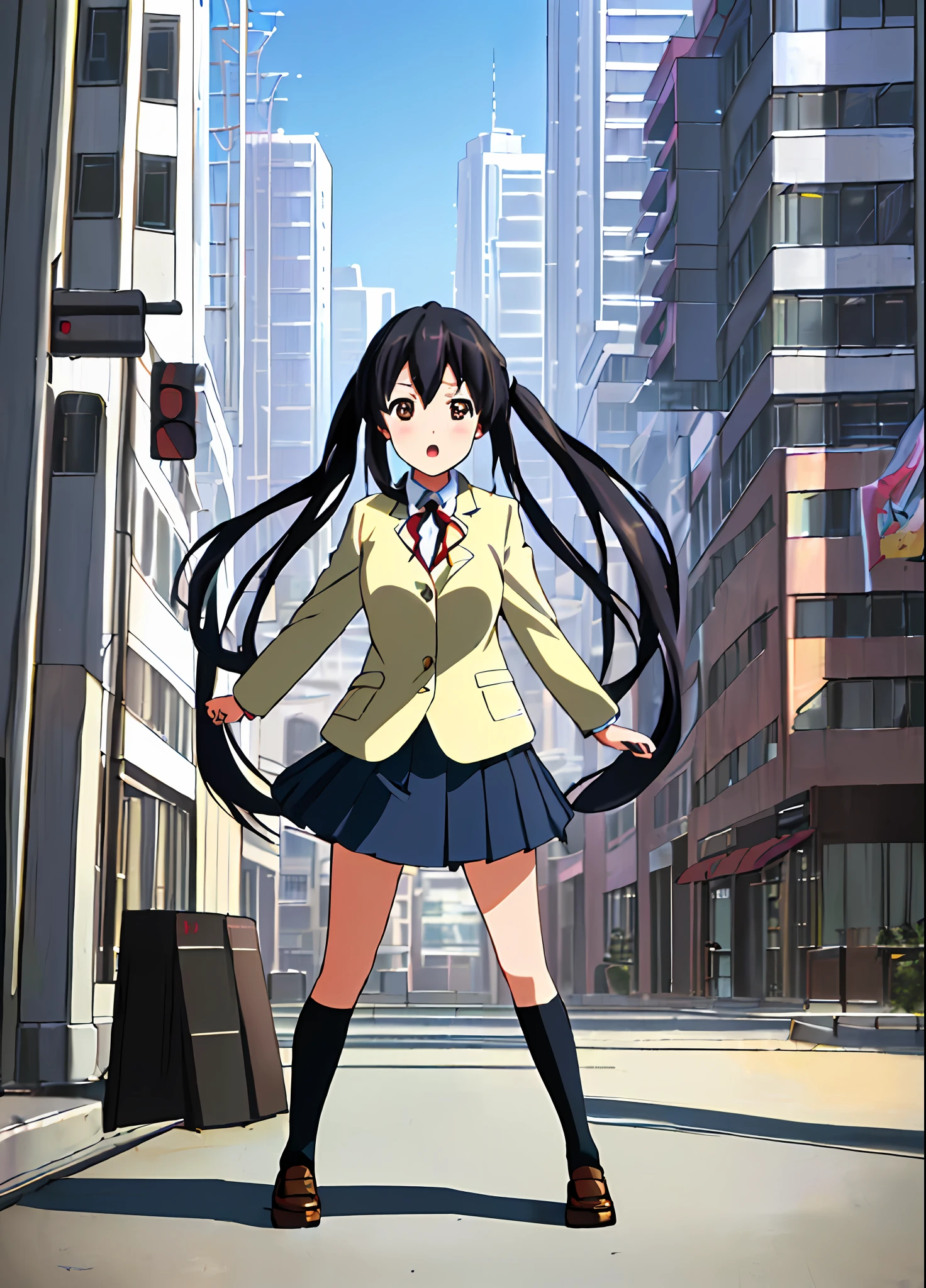 1girl, ((((Masterpiece))), Best Quality, Best Quality, High Detail, Azusa Nakano, 1girl, Sakuragaoka High School Uniform, Musical Instrument, School Uniform, Twin Tails, Long Hair, Black Hair, Brown Eyes, Solo, Red, Dark blue blazer with a thin ribbon of red, Solid white button shirt under blazer, Illustration, Cartoon, Soothing tones, Muted colors, Soft cinematic light, Adobe Lightroom, Photo Lab, HDR, complex and highly detailed, (((depth of field))))). (((Masterpiece))). (((highest quality))).) ((super detail))). (((Illustration))). (((Outside))). (((fighting stance))).,((((Giantization))).dynamic focus.small breasts. (((skyscrapers))). (((Cityscape))). (((Face of sadness))). open mouth.