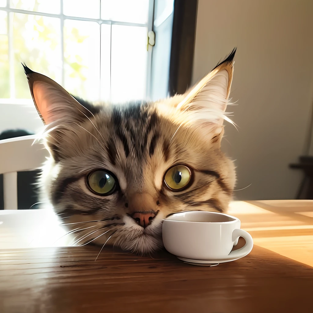 Cat, (Himalayan), (Small)))), in a teacup, Face, Front paws out, 8K, Professional photo, Delicate, Clear, On the table, Inside the house, Sunshine, Light Leak, Masterpiece, ((Pretty))), Fashionable Teacup, (Reality), Plush Toy, Round Pupils