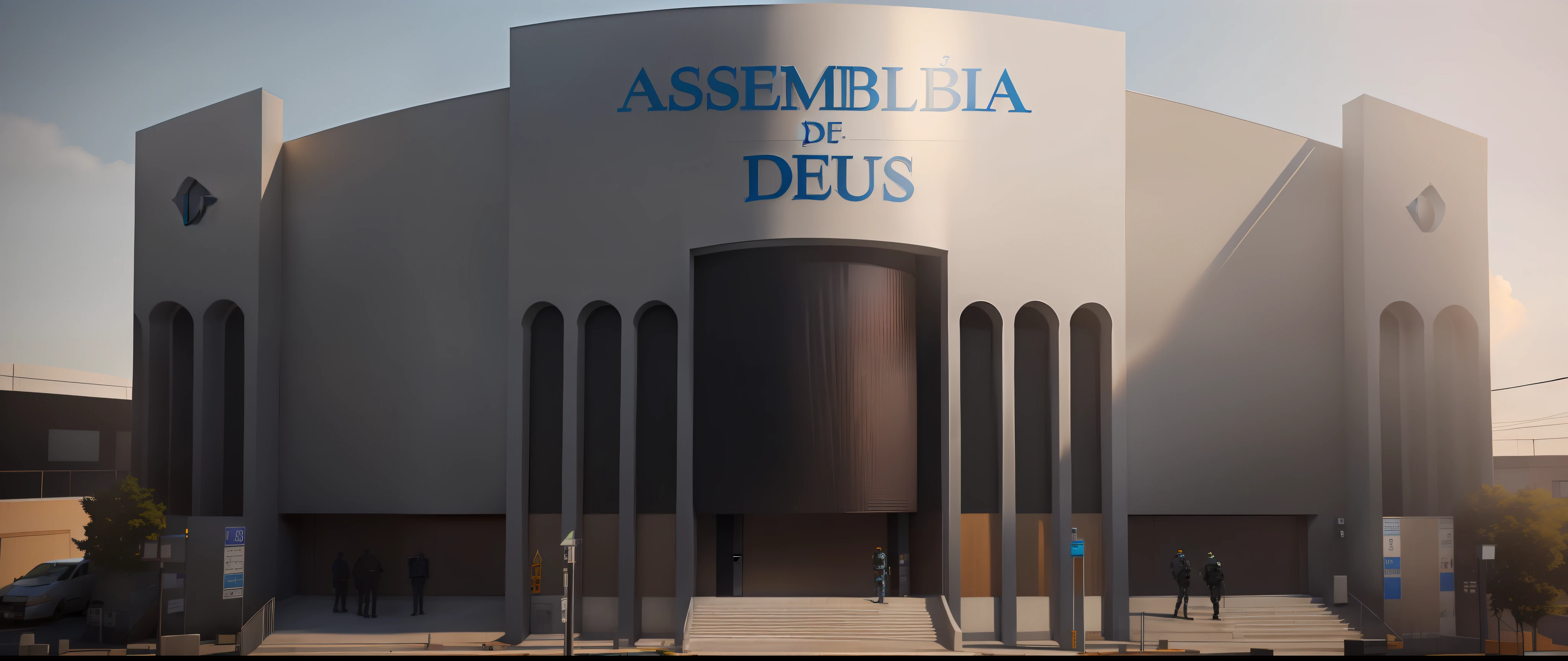 arafed view of a building with a sign that says assembly de deus, by João Artur da Silva, leaked image, sao, front-view, inspired by Cedric Seaut (Keos Masons), highly rendered!!, deus ex, rendered image, inspired by João Artur da Silva, assemble, by Thomas Dalziel