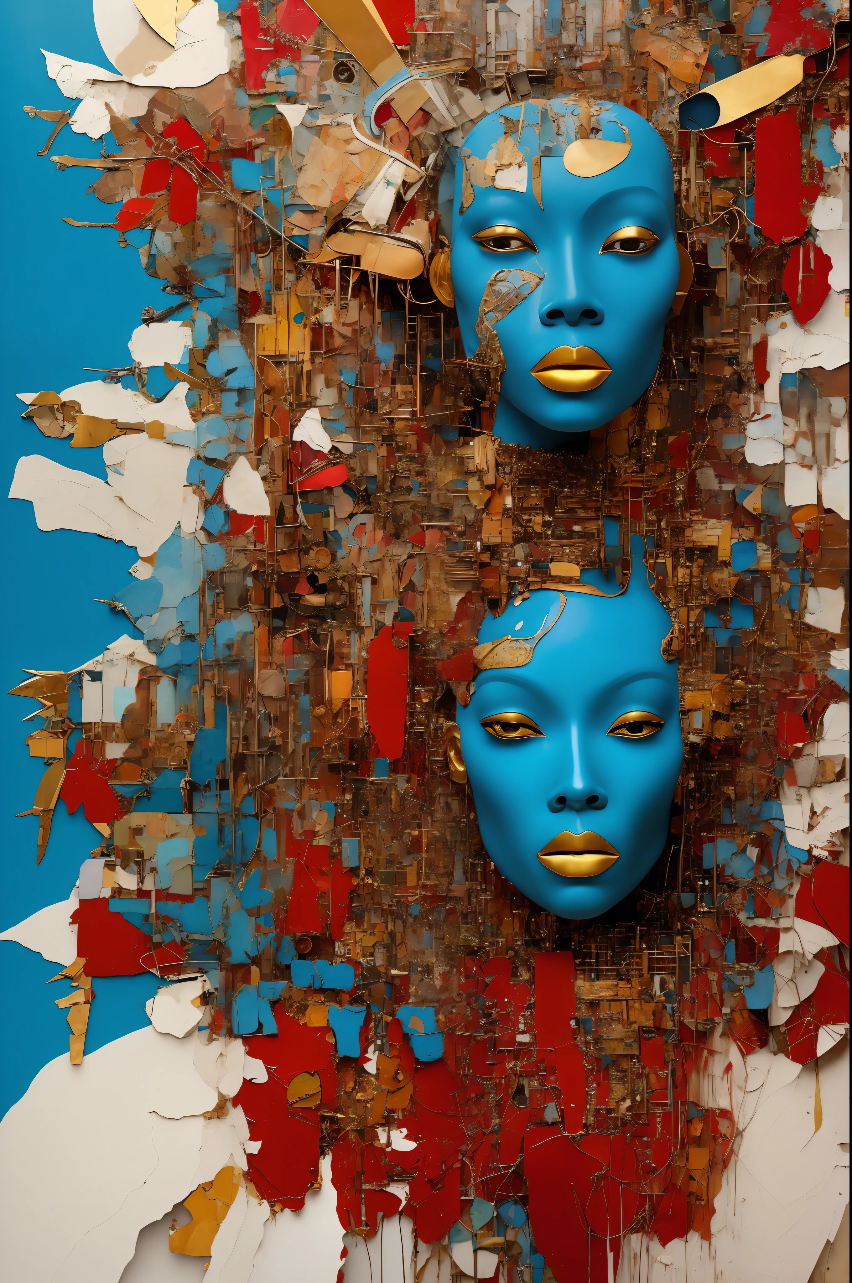 In the style of cyberpunk futurism, African influence, raw etam, light blue and gold, Michael Creese, Steelpunk, Michael Hussar, white background, best quality, high quality, editorial photo, absurdists, masterpiece, intricate detail, film grain, intense red