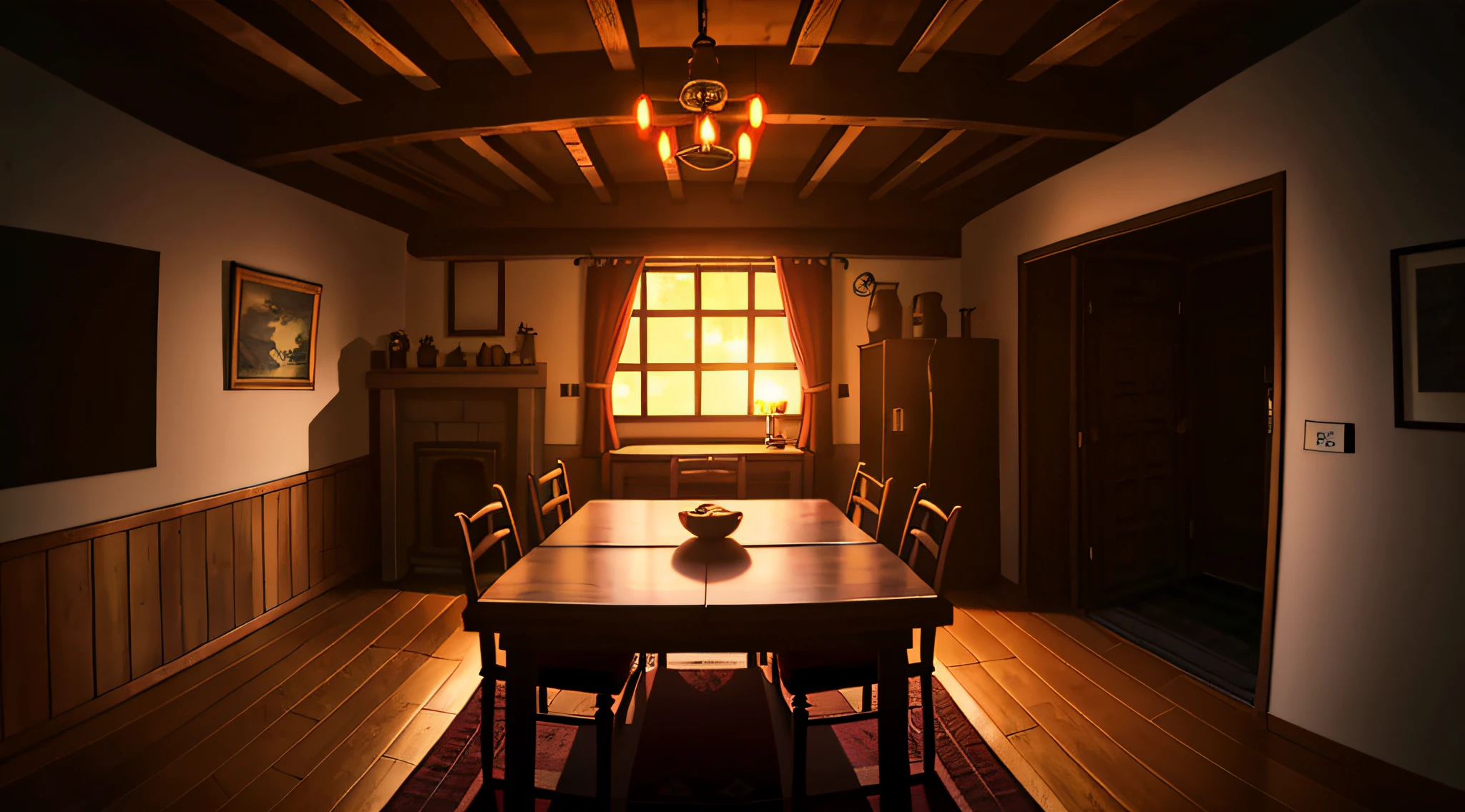 interior of a cottage, night, Symmetrical Camera Framing, Table in the center, Wide Camera Shot, Chimney in the center background ((masterpiece))