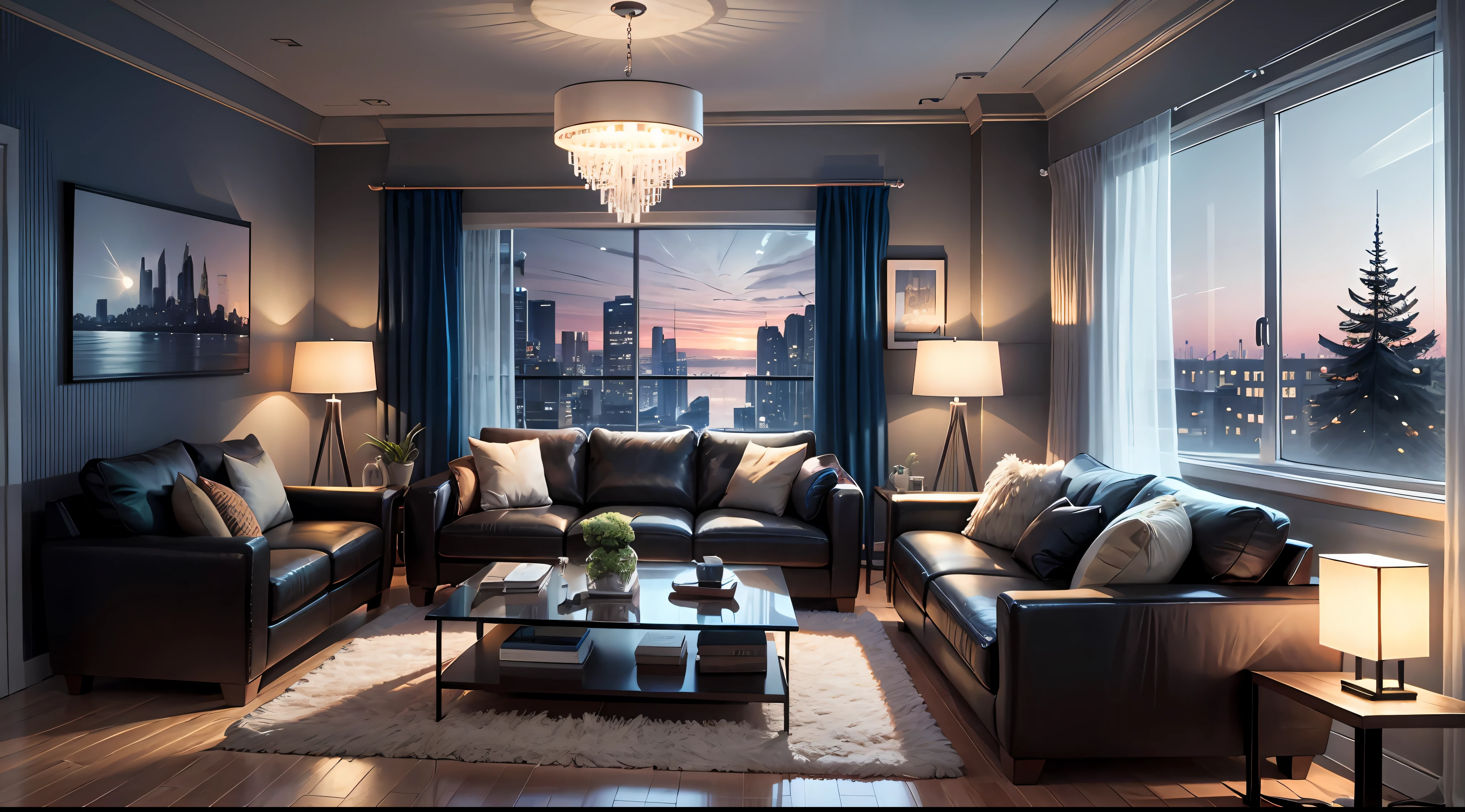 American living room, night view, interior decoration details, decoration design drawings --auto --v 6